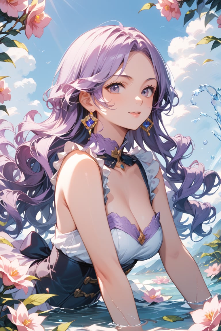 score_9, score_8_up, score_7_up, score_6_up, anime style, masterpiece, highly detailed, centered, cinematic shot, Anime girl sit posing for photo with long purple hair and earrings, an anime drawing inspired by Yanjun Cheng, Pisif, Fantasy art, purple flowing hair, Long curly purple hair, Guviz, a beautiful anime portrait, Guviz-style artwork, in the art style of bowater, Anime girl with long hair, purple wavy hair, Beautiful anime style, animepastelz