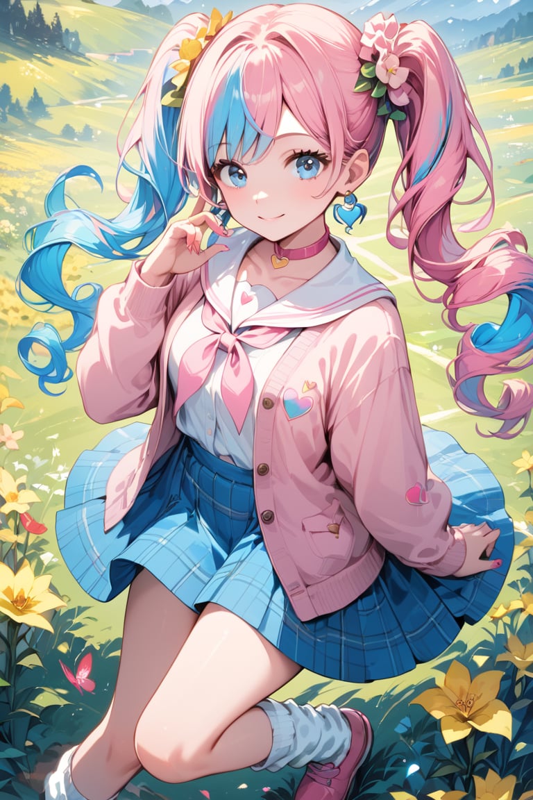 score_9, score_8_up, score_7_up, score_6_up, anime style, masterpiece, highly detailed, centered, cinematic shot, source_anime BREAK 1girl, light smile, head tilt, wariza, flower field, from above, fairymiku, blue eyes, two-tone hair, pink hair, blue hair, curly hair, twintails, hair flower, red flower, yellow flower, pink sweater, pink cardigan, white neckerchief, long sleeves, blue skirt, plaid skirt, miniskirt, loose socks, pink footwear, earrings, pink choker, heart choker, wrist scrunchie, nail polish, pink nails,, Beautiful anime style, animepastelz