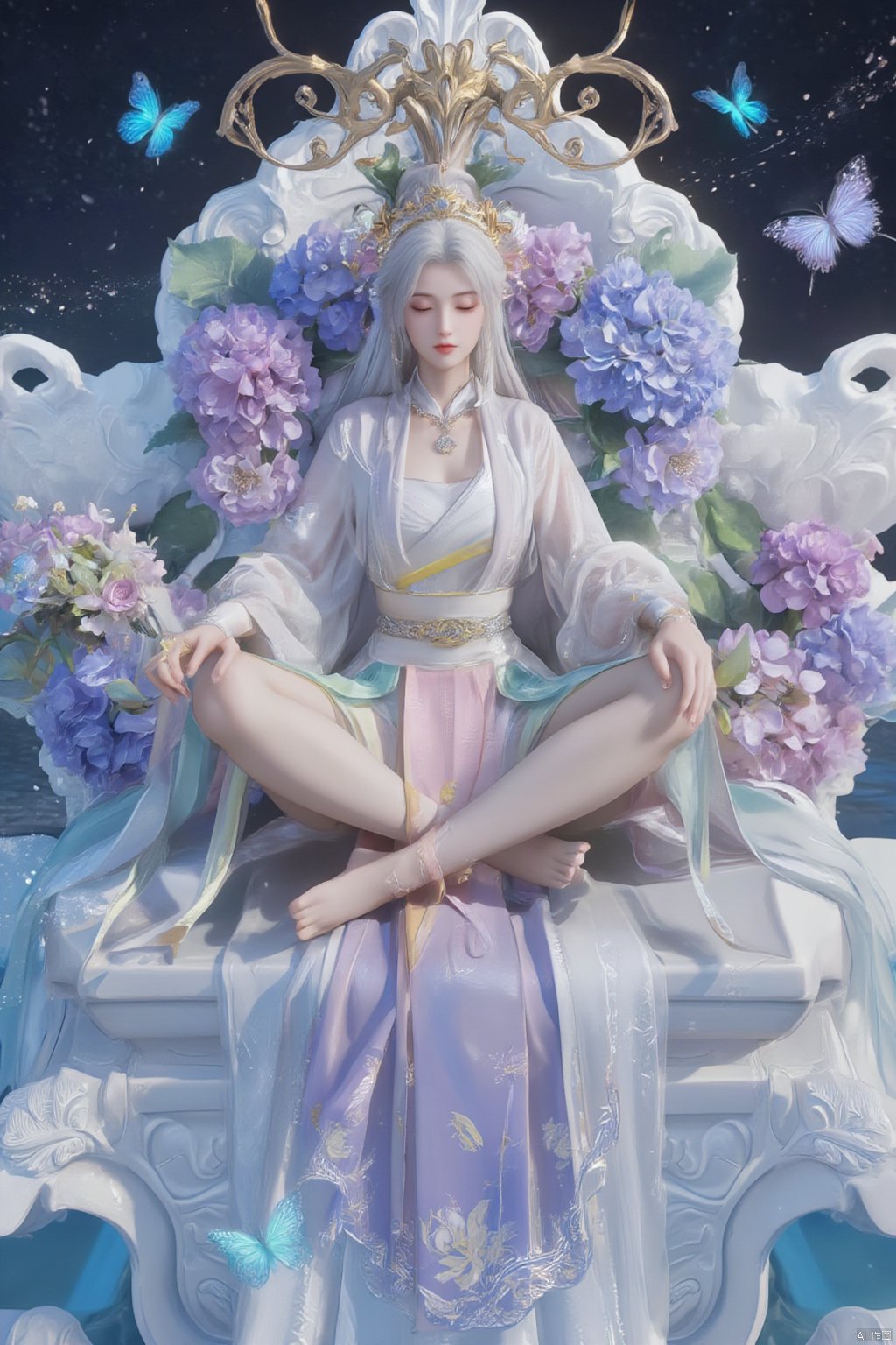 Chinese mature woman, sitting cross-legged on a white lotus throne, wearing a golden hat on her head, anime style appearance, white neon bra, white Hanfu, golden crown, eyes closed, girl, jewelry, long hair, white hair, cute, Hanfu, Dunhuang, hold out the hydrangeas with both hands, hold them tightly, look at the hug, look at the body, the cute little princess, Mrs. Dragon,  (big breasts:1.39),wearing a pair of dragon horns on her head ((Masterpiece, best quality)),(( Well structured, well composed, luminous), translucent woman), tiny gold accents, beautiful and intricate details, ethereal light, whimsical imagining, art by Michif blue theme, off original, view ( beautiful),transparent,shiny_clothes,pink chest pleated skirt,white with yellow pimples,pink pimples,((water drops)),wet clothes,((beautiful details water)),(( Floating)), dynamic angle, ((beautiful details of the butterfly)), ((beautiful details of the stars)), ((slip dress)), particles, (beautiful details of the starry sky), (hazy fog), (beautiful fragment) details), (((standing on the sea))), yellow belt, purple belt with white belt, light green belt,, Xmamianqun, Xyunxiao