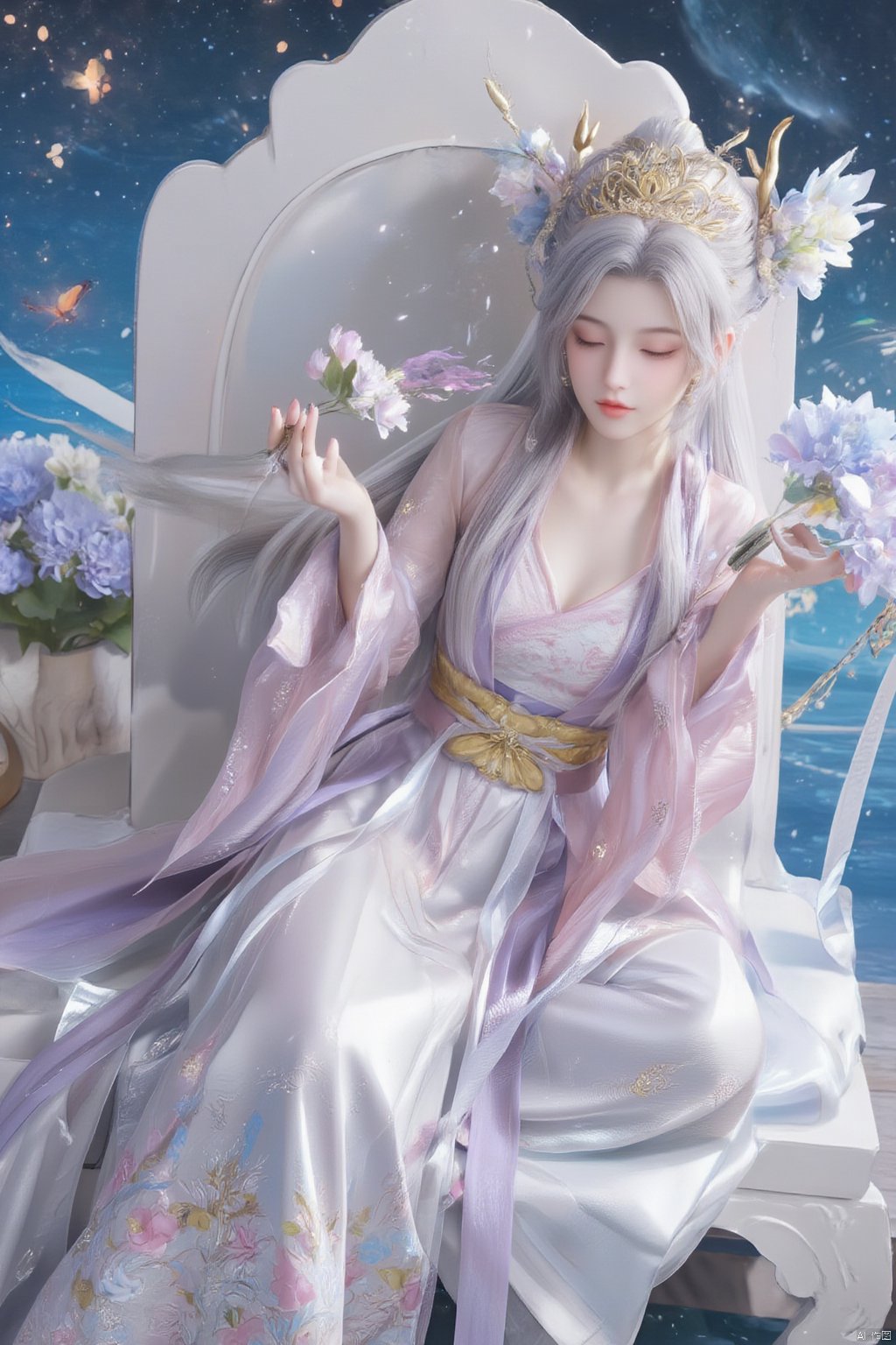 Chinese mature woman, sitting cross-legged on a white lotus throne, wearing a golden hat on her head, anime style appearance, white neon bra, white Hanfu, golden crown, eyes closed, girl, jewelry, long hair, white hair, cute, Hanfu, Dunhuang, hold out the hydrangeas with both hands, hold them tightly, look at the hug, look at the body, the cute little princess, Mrs. Dragon,  (big breasts:1.39),wearing a pair of dragon horns on her head ((Masterpiece, best quality)),(( Well structured, well composed, luminous), translucent woman), tiny gold accents, beautiful and intricate details, ethereal light, whimsical imagining, art by Michif blue theme, off original, view ( beautiful),transparent,shiny_clothes,pink chest pleated skirt,white with yellow pimples,pink pimples,((water drops)),wet clothes,((beautiful details water)),(( Floating)), dynamic angle, ((beautiful details of the butterfly)), ((beautiful details of the stars)), ((slip dress)), particles, (beautiful details of the starry sky), (hazy fog), (beautiful fragment) details), (((standing on the sea))), yellow belt, purple belt with white belt, light green belt,, Xmamianqun, Xyunxiao