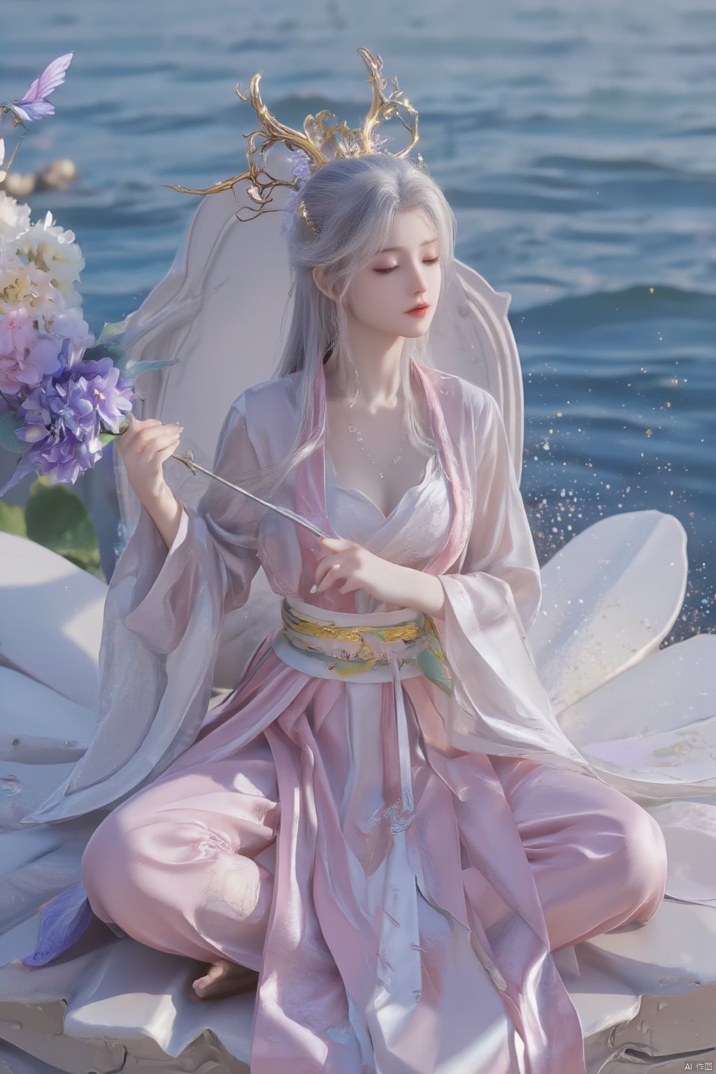 Chinese mature woman, sitting cross-legged on a white lotus throne, wearing a golden hat on her head, anime style appearance, white neon bra, white Hanfu, golden crown, eyes closed, girl, jewelry, long hair, white hair, cute, Hanfu, Dunhuang, hold out the hydrangeas with both hands, hold them tightly, look at the hug, look at the body, the cute little princess, Mrs. Dragon, wearing a pair of dragon horns on her head ((Masterpiece, best quality)),(( Well structured, well composed, luminous), translucent woman), tiny gold accents, beautiful and intricate details, ethereal light, whimsical imagining, art by Michif blue theme, off original, view ( beautiful),transparent,shiny_clothes,pink chest pleated skirt,white with yellow pimples,pink pimples,((water drops)),wet clothes,((beautiful details water)),(( Floating)), dynamic angle, ((beautiful details of the butterfly)), ((beautiful details of the stars)), ((slip dress)), particles, (beautiful details of the starry sky), (hazy fog), (beautiful Fragments) details), (((standing on the sea))), yellow belt, purple belt with white belt, light green belt,, Xmamianqun