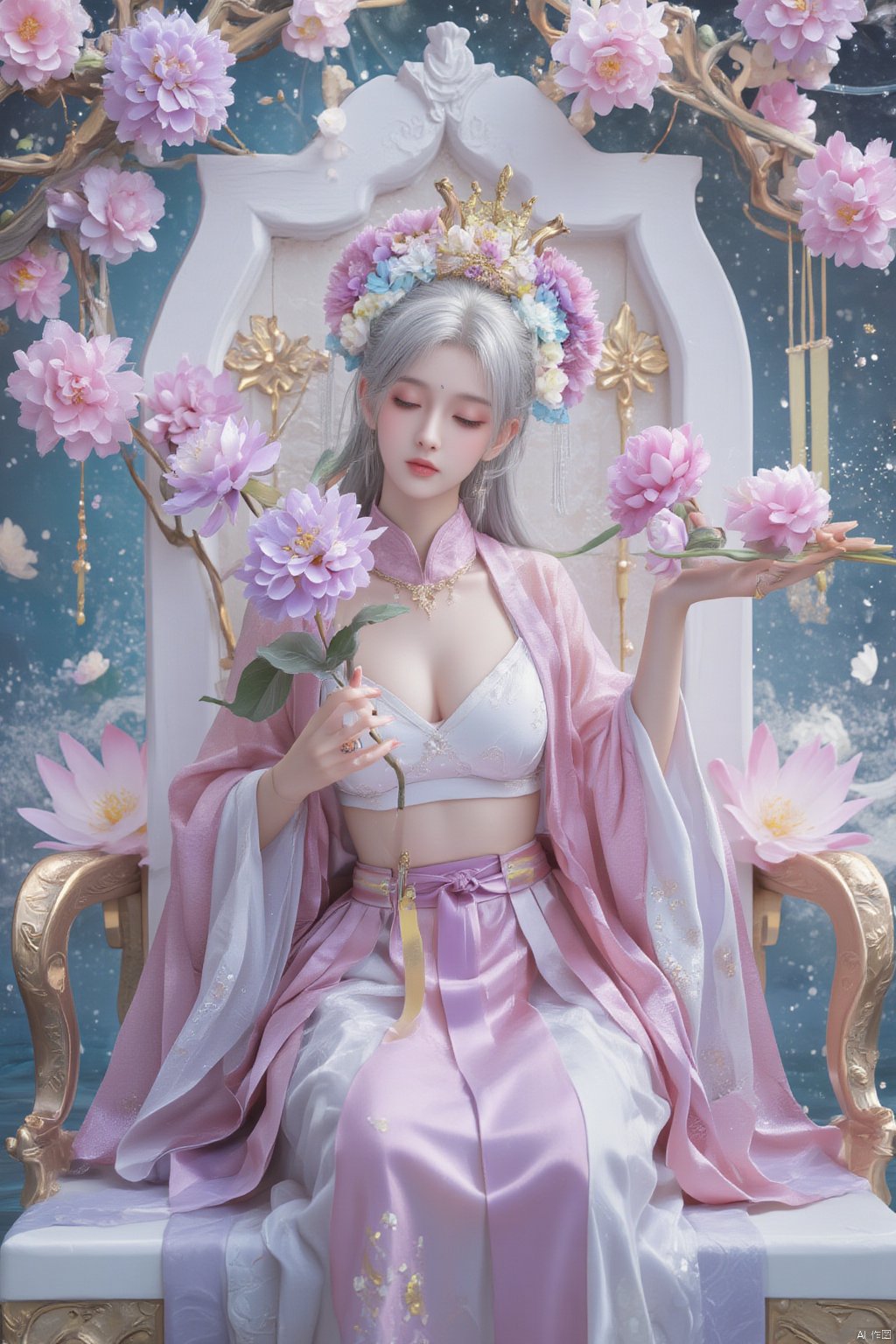 Chinese mature woman, sitting cross-legged on a white lotus throne, wearing a golden hat on her head, anime style appearance, white neon bra, white Hanfu, golden crown, eyes closed, girl, jewelry, long hair, white hair, cute, Hanfu, Dunhuang, hold out the hydrangeas with both hands, hold them tightly, look at the hug, look at the body, the cute little princess, Mrs. Dragon, wearing a pair of dragon horns on her head ((Masterpiece, best quality)),(( Well structured, well composed, luminous), translucent woman), tiny gold accents, beautiful and intricate details, ethereal light, whimsical imagining, art by Michif blue theme, off original, view ( beautiful),transparent,shiny_clothes,pink chest pleated skirt,white with yellow pimples,pink pimples,((water drops)),wet clothes,((beautiful details water)),(( Floating)), dynamic angle, ((beautiful details of the butterfly)), ((beautiful details of the stars)), ((slip dress)), particles, (beautiful details of the starry sky), (hazy fog), (beautiful Fragments) details), (((standing on the sea))), yellow belt, purple belt with white belt, light green belt,, Xmamianqun