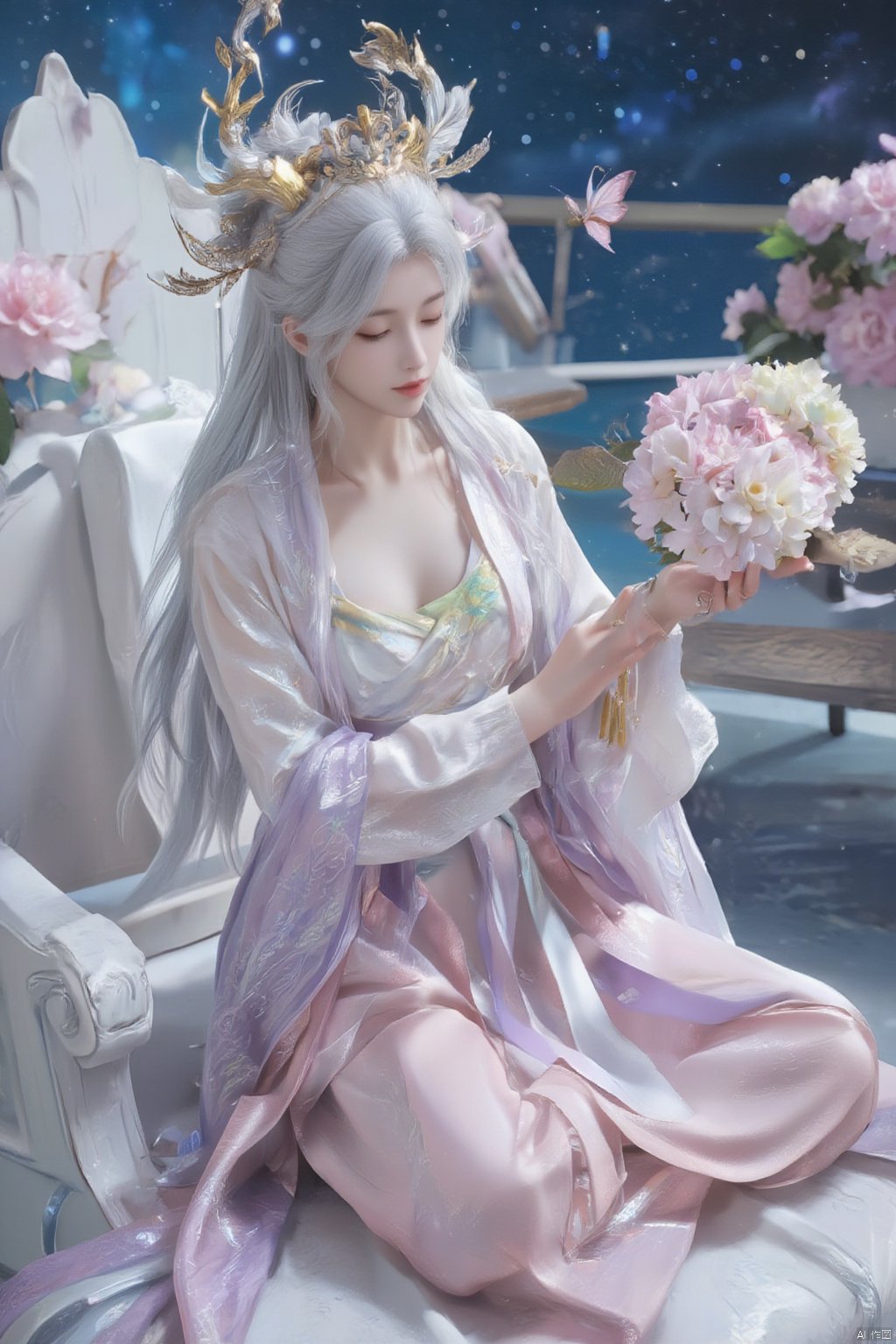 Chinese mature woman, sitting cross-legged on a white lotus throne, wearing a golden hat on her head, anime style appearance, white neon bra, white Hanfu, golden crown, eyes closed, girl, jewelry, long hair, white hair, cute, Hanfu, Dunhuang, hold out the hydrangeas with both hands, hold them tightly, look at the hug, look at the body, the cute little princess, Mrs. Dragon, wearing a pair of dragon horns on her head ((Masterpiece, best quality)),(( Well structured, well composed, luminous), translucent woman), tiny gold accents, beautiful and intricate details, ethereal light, whimsical imagining, art by Michif blue theme, off original, view ( beautiful),transparent,shiny_clothes,pink chest pleated skirt,white with yellow pimples,pink pimples,((water drops)),wet clothes,((beautiful details water)),(( Floating)), dynamic angle, ((beautiful details of the butterfly)), ((beautiful details of the stars)), ((slip dress)), particles, (beautiful details of the starry sky), (hazy fog), (beautiful Fragments) details), (((standing on the sea))), yellow belt, purple belt with white belt, light green belt,, Xmamianqun