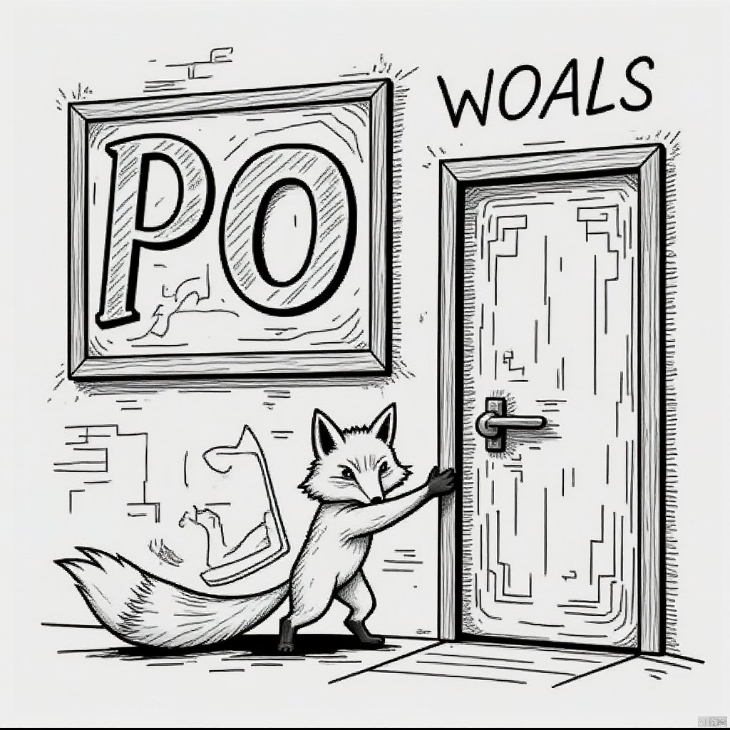 NO404,Black and white line style,Fox, Door, back, billboard on the wall'Your map was stolen by a fox'