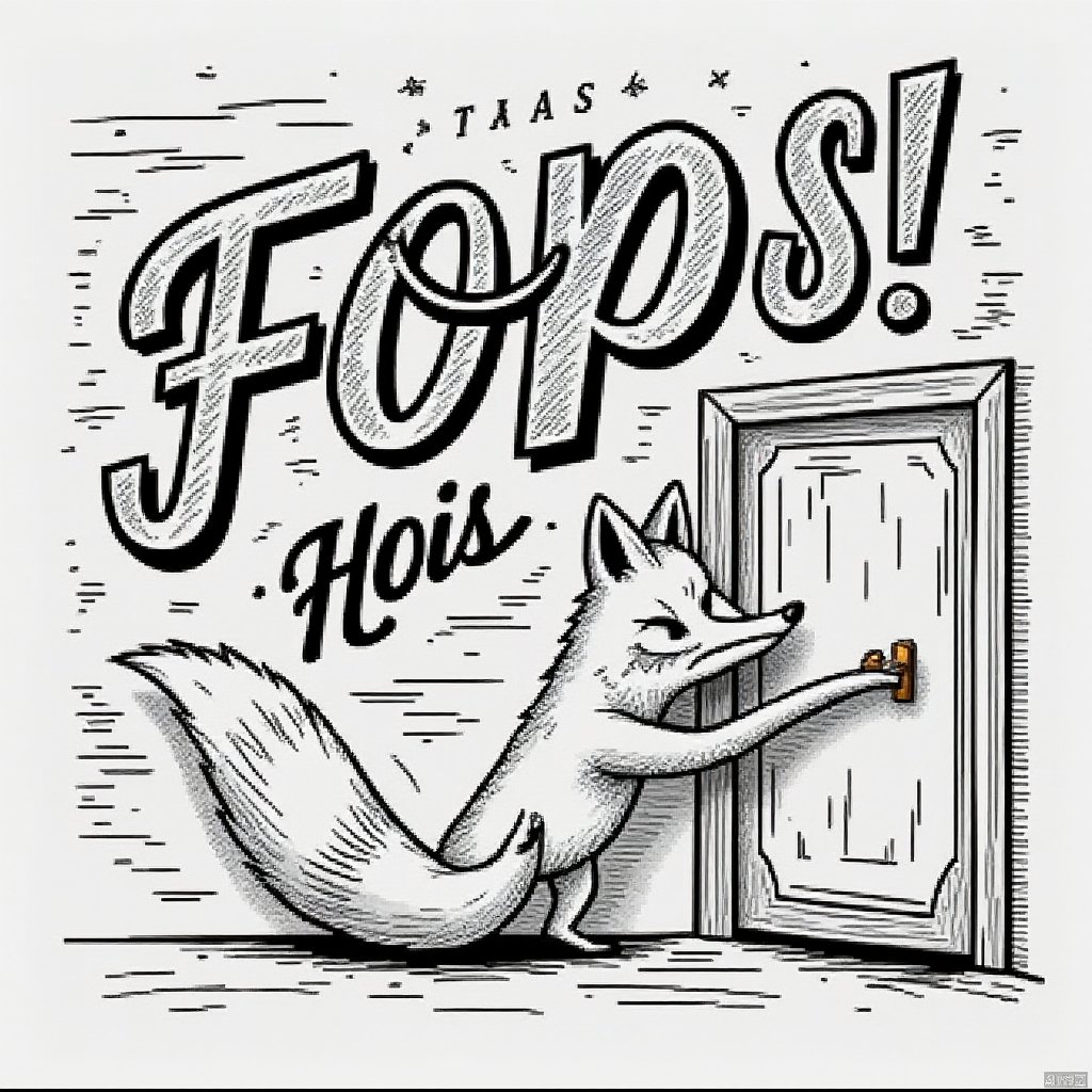 NO404,Black and white line style,Fox, Door, back, billboard on the wall'Your map was stolen by a fox'