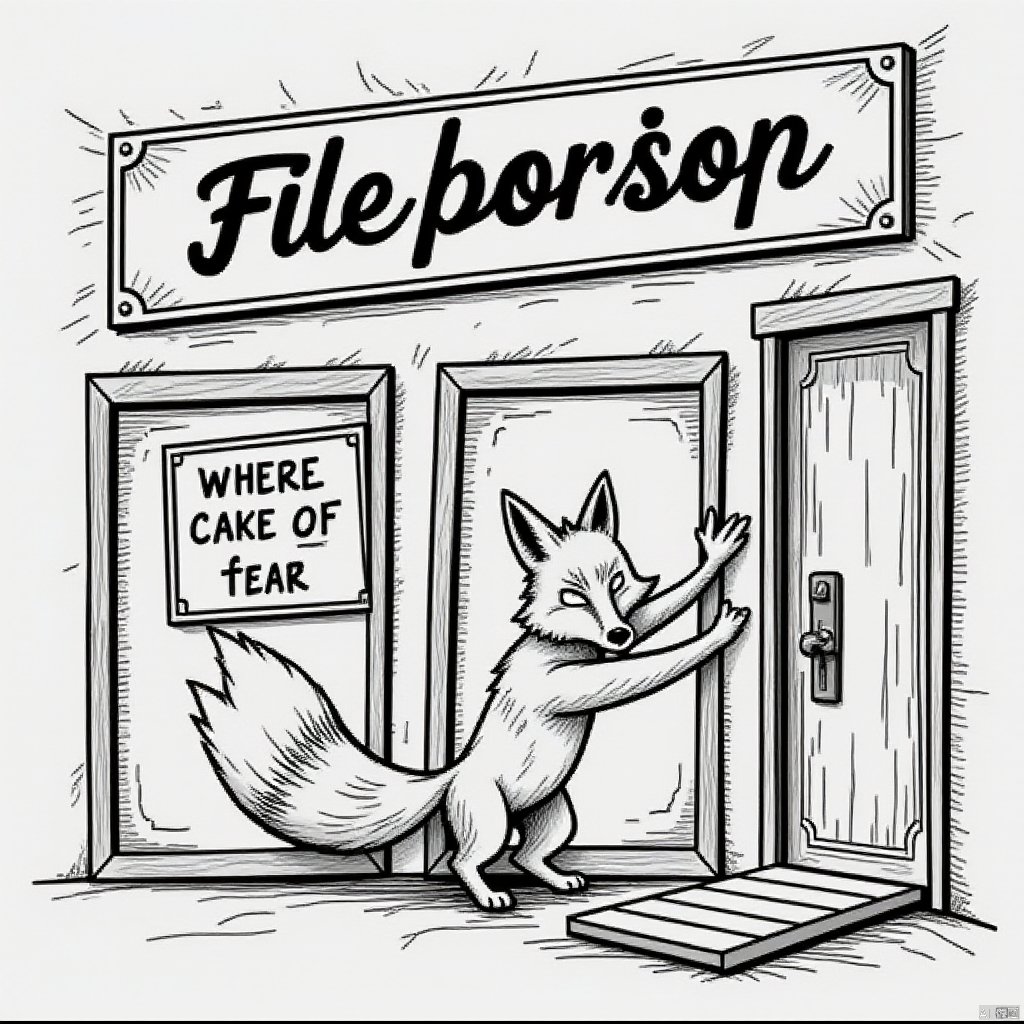 NO404,Black and white line style,Fox, Door, back, billboard on the wall'Your map was stolen by a fox'