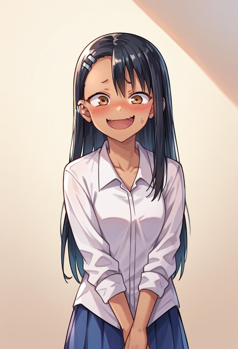 score_9,score_8_up, score_7_up, source_anime, rating_safe, 1girl, solo, hayase_nagatoro,nerv0us_sm1le, smile, open_mouth, blush, standing, nervous, skin_fang, <lora:Nervous_Smile_-_Pony:1.0>