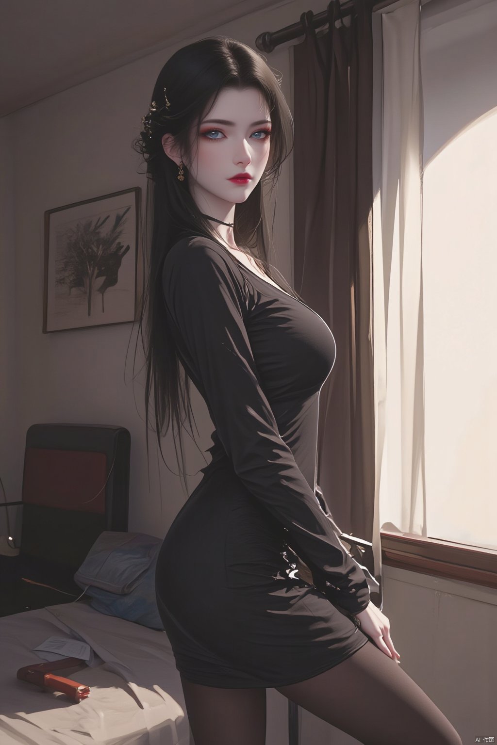  8K image. ((poakl)),1girl, solo, long hair, breasts, looking at viewer, blue eyes, black hair, long sleeves, dress, jewelry, standing, ass, pantyhose, earrings, looking back, indoors, bag, black dress, from side, lips, black pantyhose, makeup, lipstick, handbag, red lips