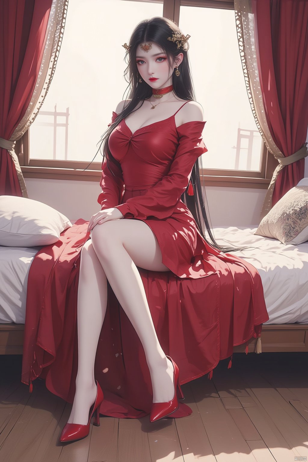  8K image., shinkai color, ((poakl)),GF,1girl, solo, long hair, looking at viewer, black hair, hair ornament, long sleeves, dress, jewelry, sitting, full body, earrings, indoors, necklace, high heels, legs, bare legs, window, bed, chinese clothes, red dress, ring, curtains, red footwear, tassel, windowsill