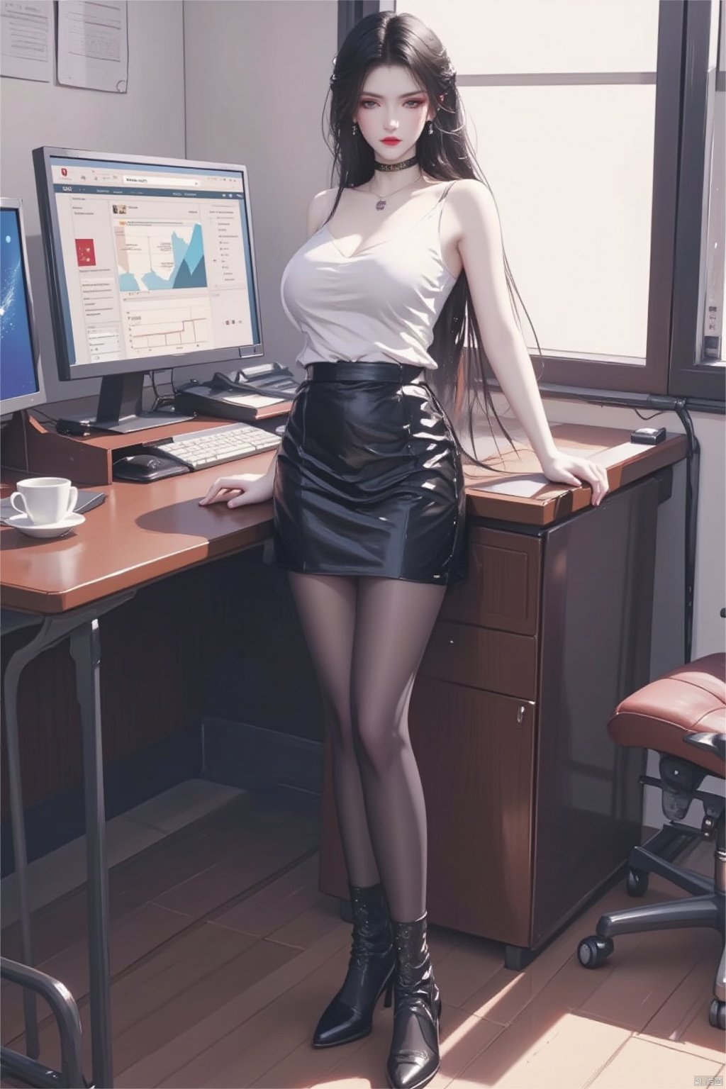  8K image., shinkai color, ((poakl)),GF,1girl, solo, long hair, breasts, looking at viewer, skirt, shirt, black hair, bare shoulders, brown eyes, jewelry, standing, full body, white shirt, pantyhose, earrings, sleeveless, shiny, indoors, miniskirt, black skirt, black footwear, high heels, lips, black pantyhose, sleeveless shirt, shadow, chair, crossed legs, desk, pencil skirt, shiny clothes, high-waist skirt, office lady, computer, monitor, keyboard \(computer\), office