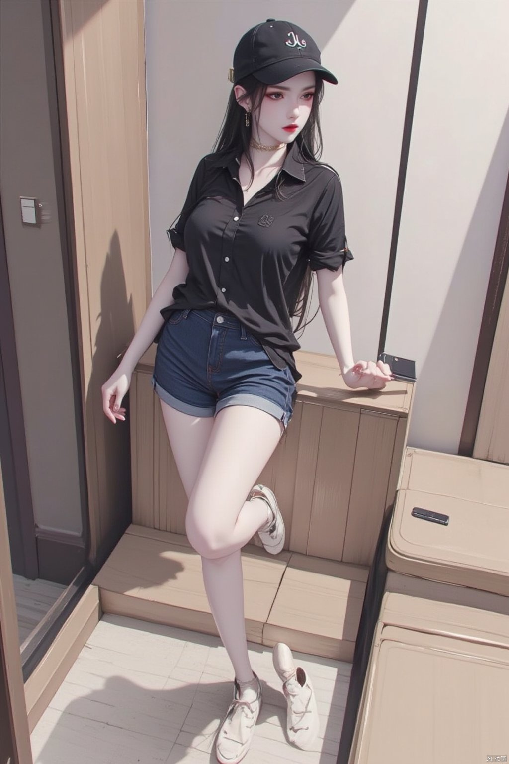  8K image., shinkai color, ((poakl)),GF,1girl, solo, long hair, breasts, looking at viewer, shirt, black hair, hat, closed mouth, standing, collarbone, short sleeves, shoes, shorts, indoors, black shirt, short shorts, bare legs, black headwear, phone, white footwear, standing on one leg, cellphone, denim, sneakers, baseball cap, denim shorts, red lips