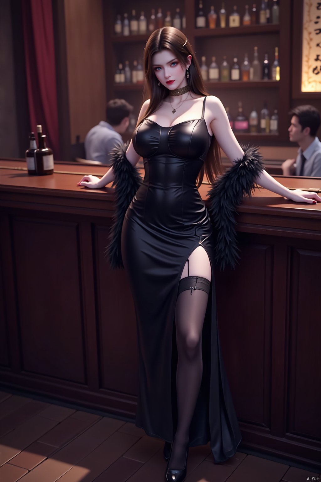  8K image.1girl, solo, long hair, breasts, looking at viewer, blue eyes, large breasts, brown hair, thighhighs, dress, bare shoulders, jewelry, standing, full body, pantyhose, earrings, indoors, black footwear, black dress, high heels, lips, makeup, sleeveless dress, standing on one leg, bottle, side slit, red lips, feather boa, bar \(place\)