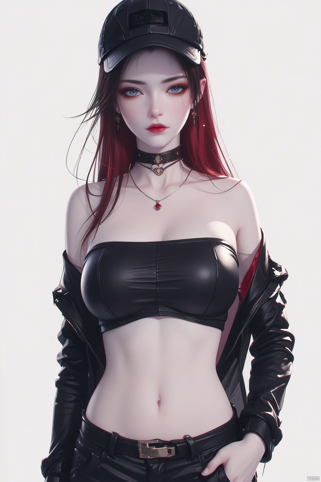  8K image., shinkai color, ((poakl)),GF,1girl, solo, long hair, breasts, looking at viewer, blue eyes, black hair, long sleeves, hat, navel, bare shoulders, jewelry, medium breasts, jacket, red hair, multicolored hair, earrings, open clothes, choker, midriff, belt, pants, off shoulder, stomach, open jacket, lips, black jacket, black headwear, underboob, black choker, baseball cap, realistic, red lips