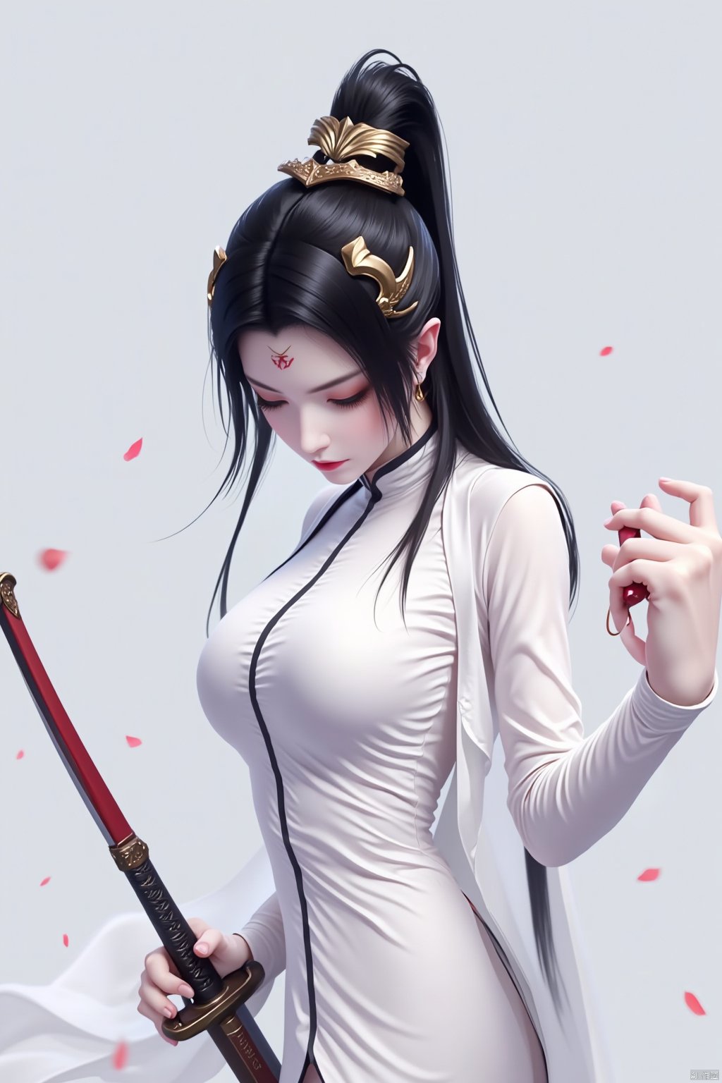  8K image.1girl, solo, long hair, black hair, hair ornament, long sleeves, dress, holding, jewelry, closed mouth, upper body, weapon, earrings, sword, hair bun, holding weapon, white dress, petals, facial mark, holding sword, chinese clothes, forehead mark, falling petals, reverse grip