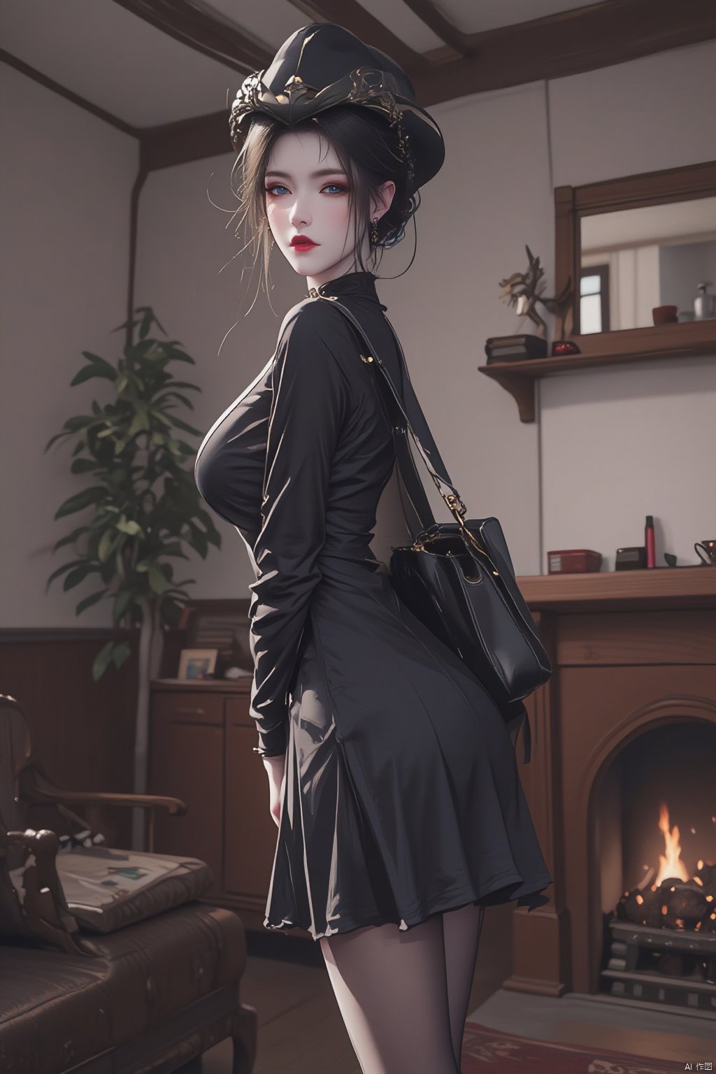  8K image. ((poakl)),1girl, solo, long hair, breasts, looking at viewer, blue eyes, black hair, long sleeves, dress, jewelry, standing, ass, pantyhose, earrings, looking back, indoors, bag, black dress, from side, lips, black pantyhose, makeup, lipstick, handbag, red lips