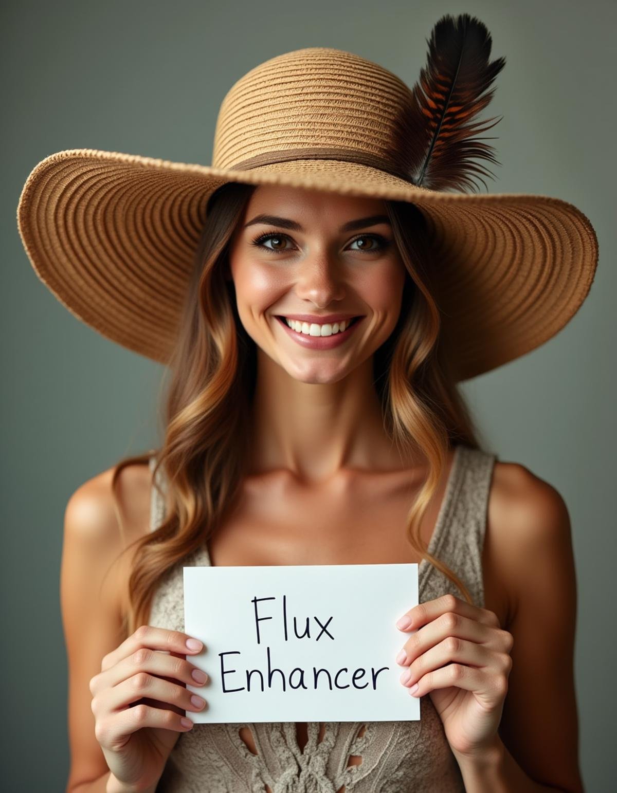 a smirking beautiful fashion model wearing a large straw hat with a hawk feather is holding a sign with the words "Flux Enhancer"<lora:Dever_Flux_Enhancer:0.5>