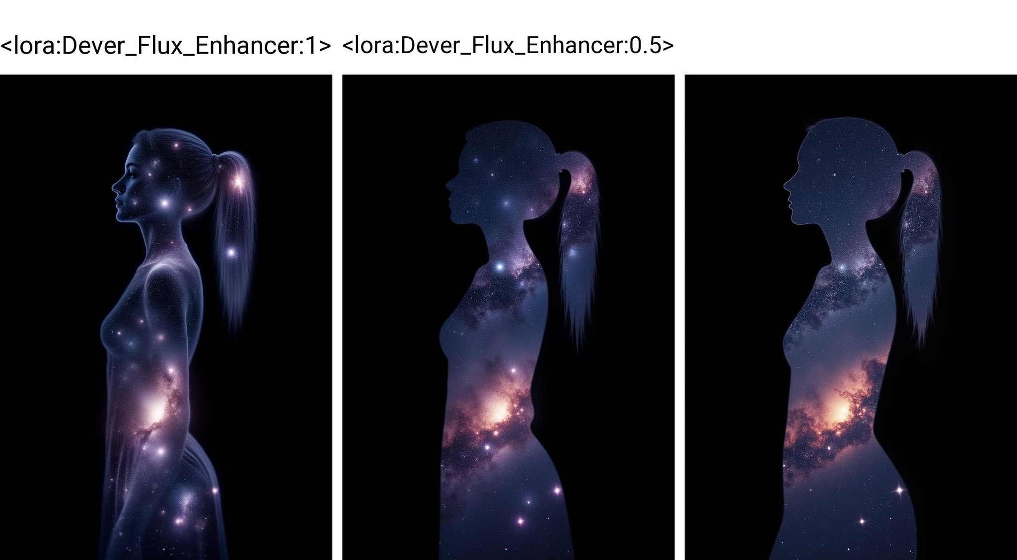 galaxy-girl silhouette on a (pitch black background:1.3), double exposure silhouette, a girl made of galaxies<lora:Dever_Flux_Enhancer:1>