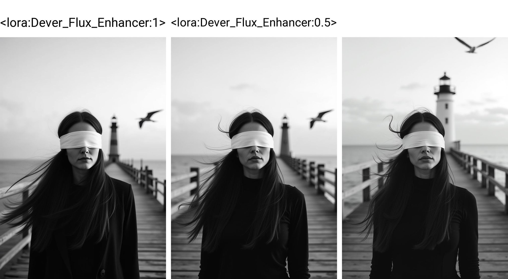 The photograph has been captured with a Leica m10 camera. A somber and contemplative black and white photograph captures the woman's face, with a white blindfold covering her eyes. She stands on a wooden pier that extends into the ocean, with long, flowing hair blowing in the wind. The lighthouse and a bird flying in the sky add to the serene atmosphere of the scene. The photograph was taken using a Leica m camera, emphasizing the artistic nature of the image. The mood is somber, evoking thoughts of introspection and reflection. <lora:Dever_Flux_Enhancer:1>