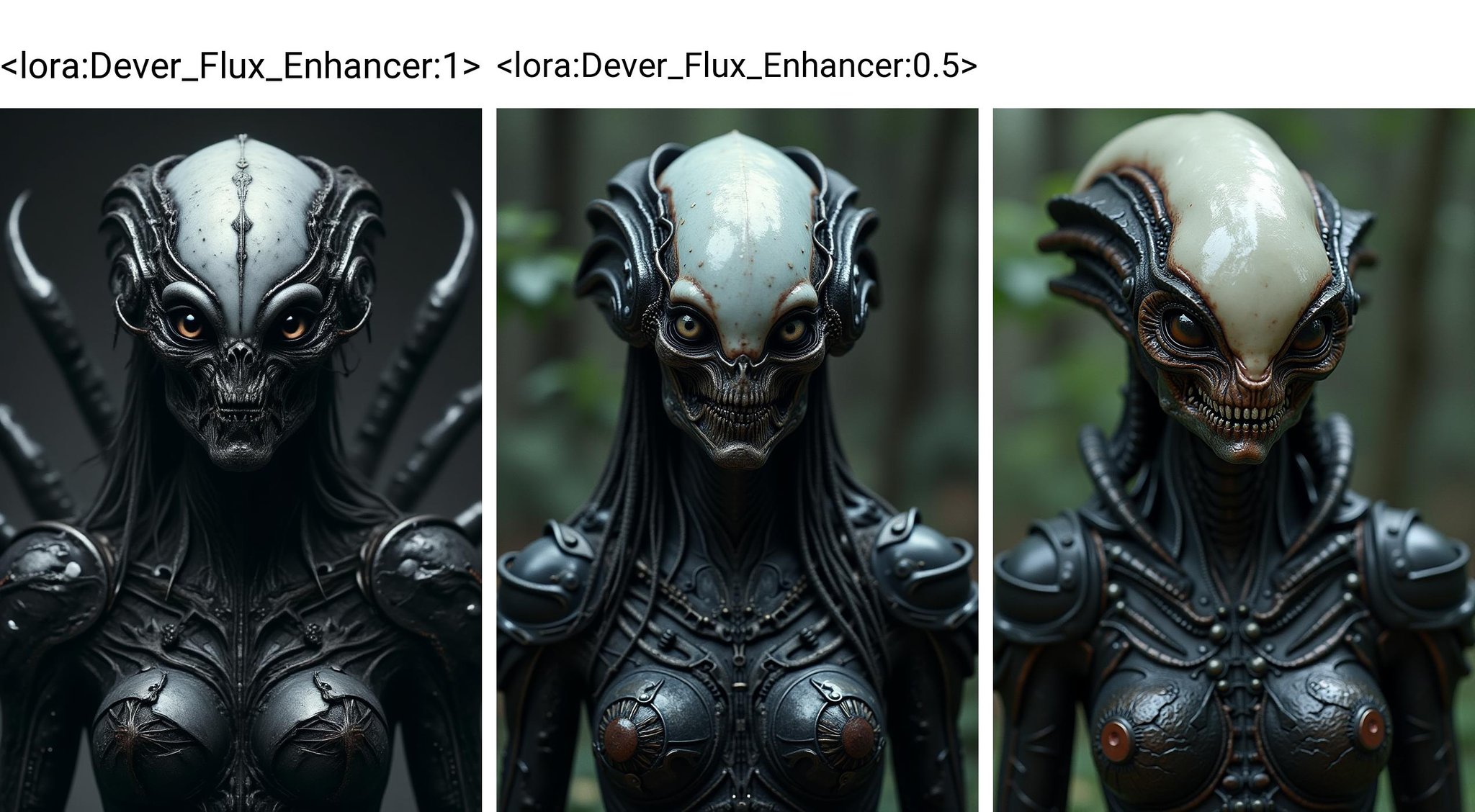 The alien xenomorph femenino with the style of Ridley Scott, with a pale and attractive skin tone, large and captivating eyes, an unusual and mysterious face, and a unique and mysterious armor made of metal and black organic material. With a camera that captures the essence of the alien world, lighting that reflects the power of nature, and pose that creates a striking and unforgettable image.. Analog photography <lora:Dever_Flux_Enhancer:1>