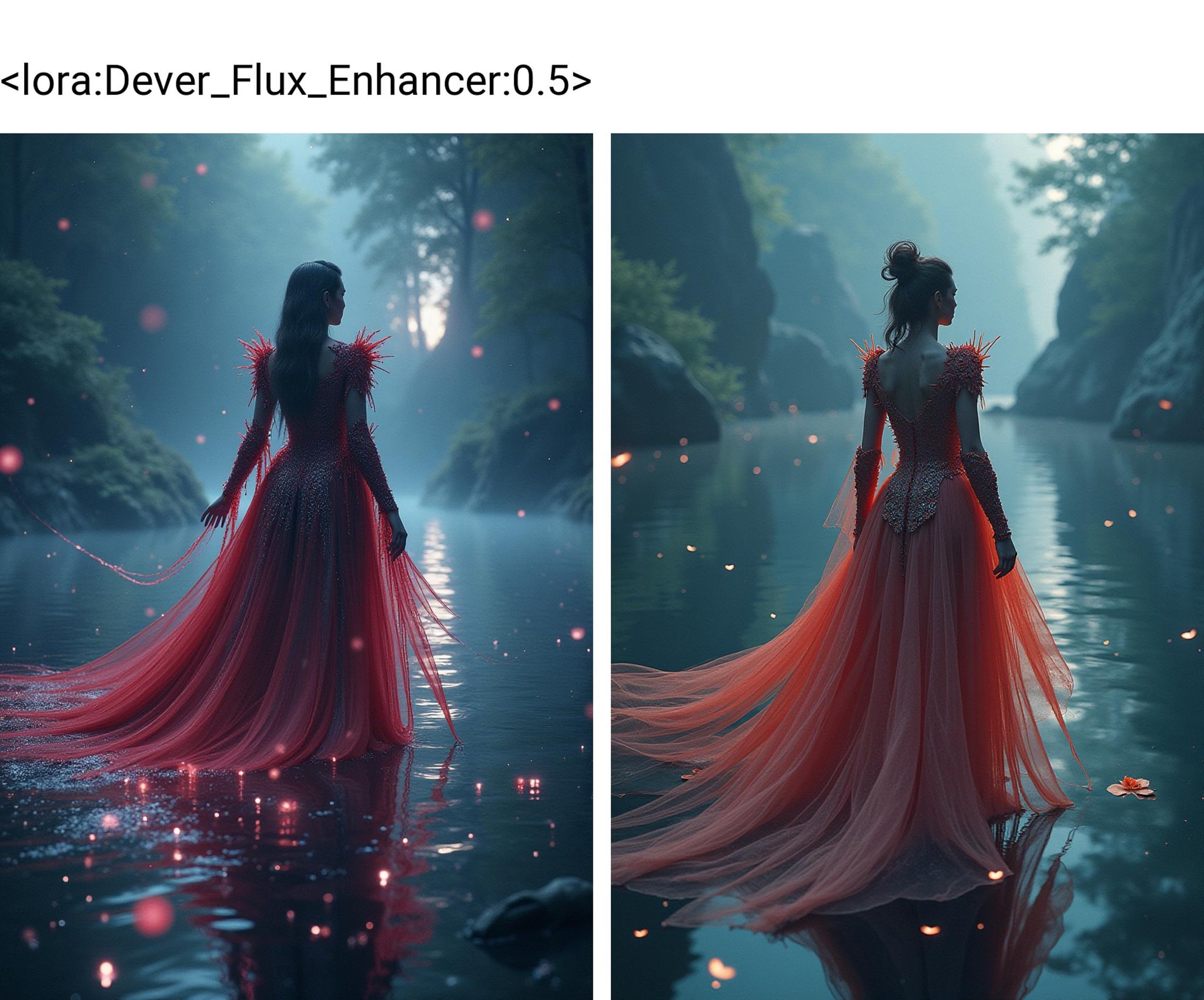 a woman wearing a large flowing evening gown exoskeleton mycelium armor glides above a shimmering lake, acidwave, aesthetic epic, trending on artstation, intricate artwork by Tooth Wu and Greg Rutkowski, octane render, cinematic, hyperrealism, magic night visions<lora:Dever_Flux_Enhancer:0.5>