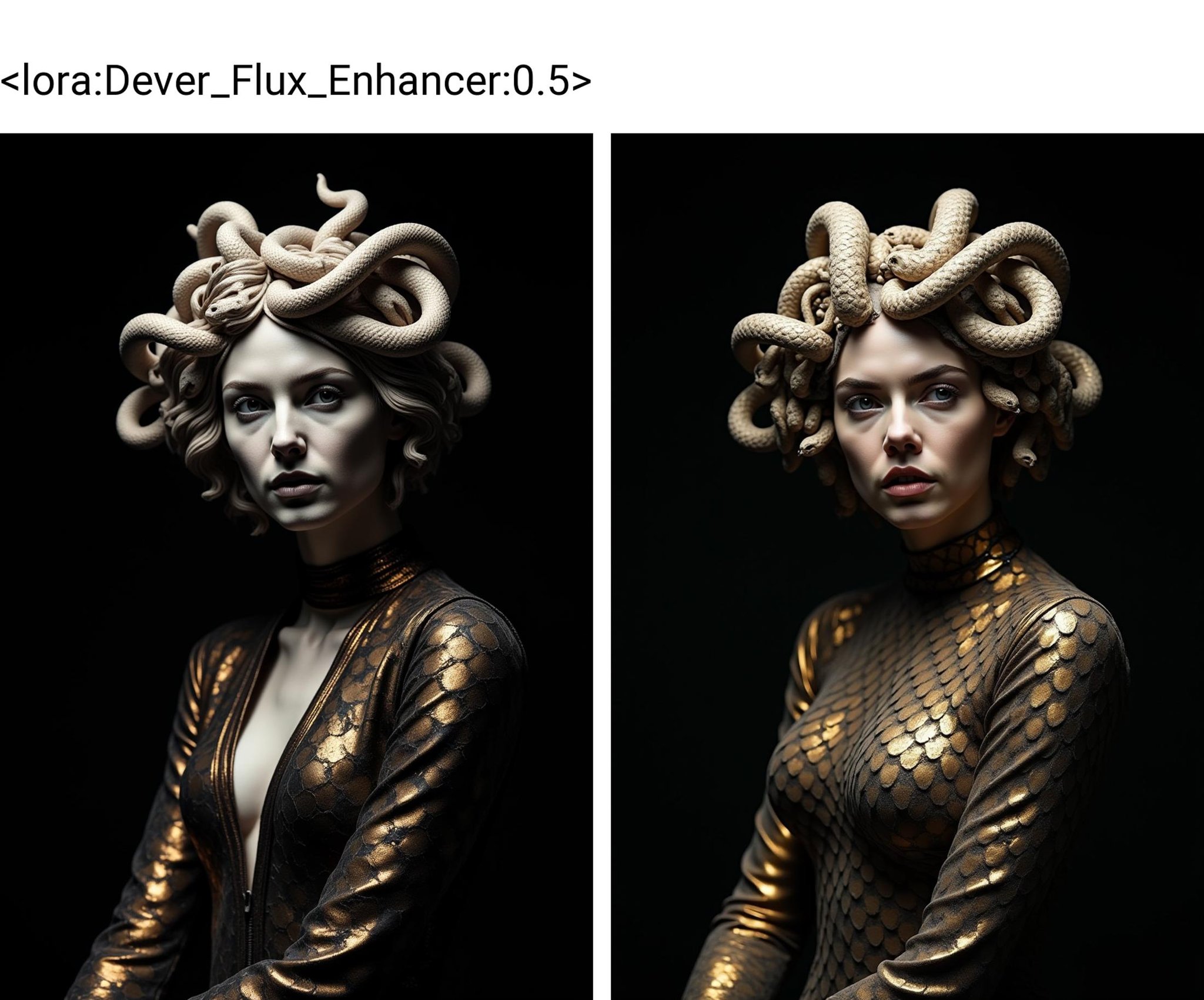 cinematic photo a marble statue of Medusa, mid shot, perspective from below, woman portrait fused with structure, short messy hair with coiling marble snakes, black and gold scaly outfit  inspired by karol bak, intricate details, long sleeves dress, provocative, seductive, parted lips, evil smile ,trending on artstation, black background, simple background<lora:Dever_Flux_Enhancer:0.5>