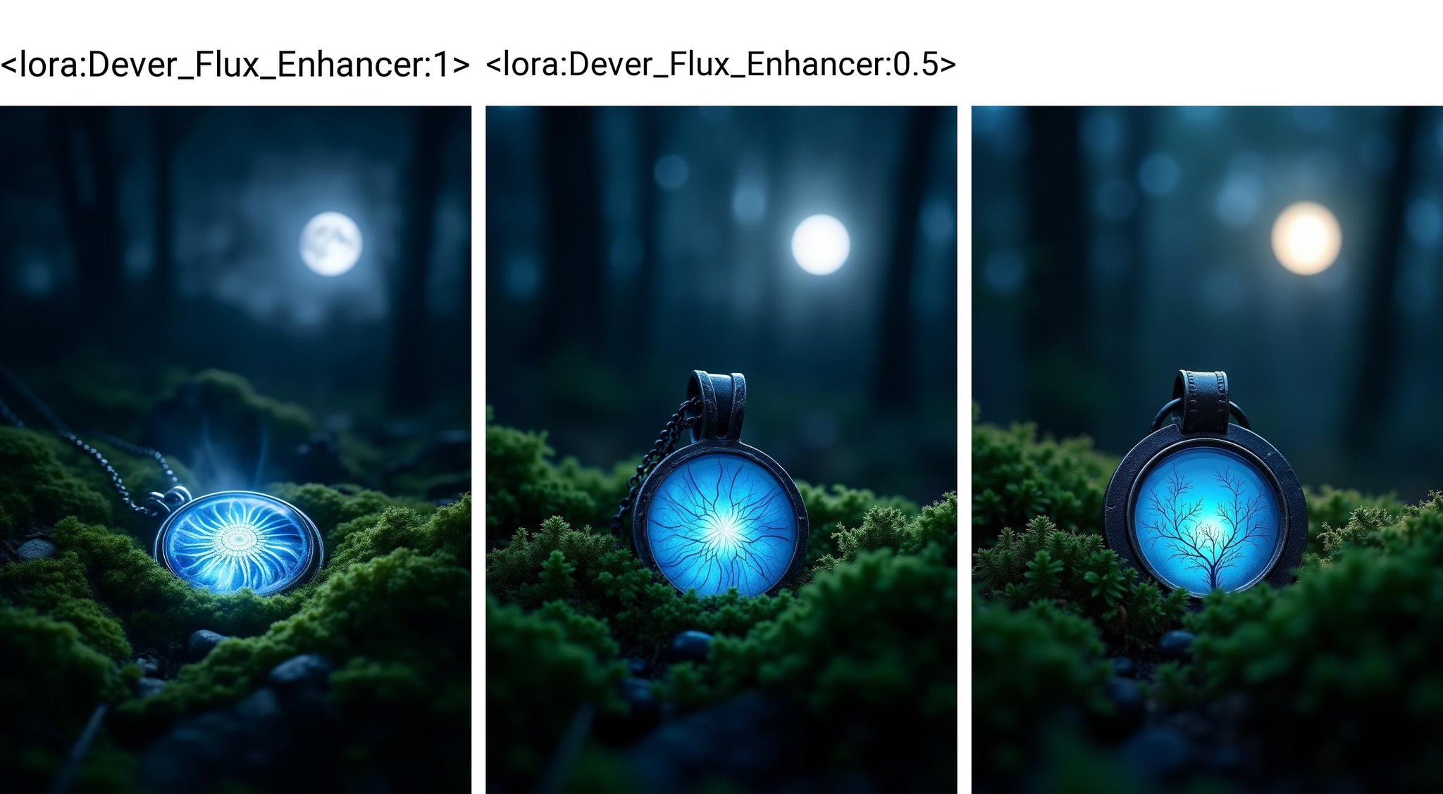 A close-up of an enchanted pendant lying on a bed of moss, under a full moon. The pendant glows with a soft blue light, casting mystical patterns on the moss around it <lora:Dever_Flux_Enhancer:1>