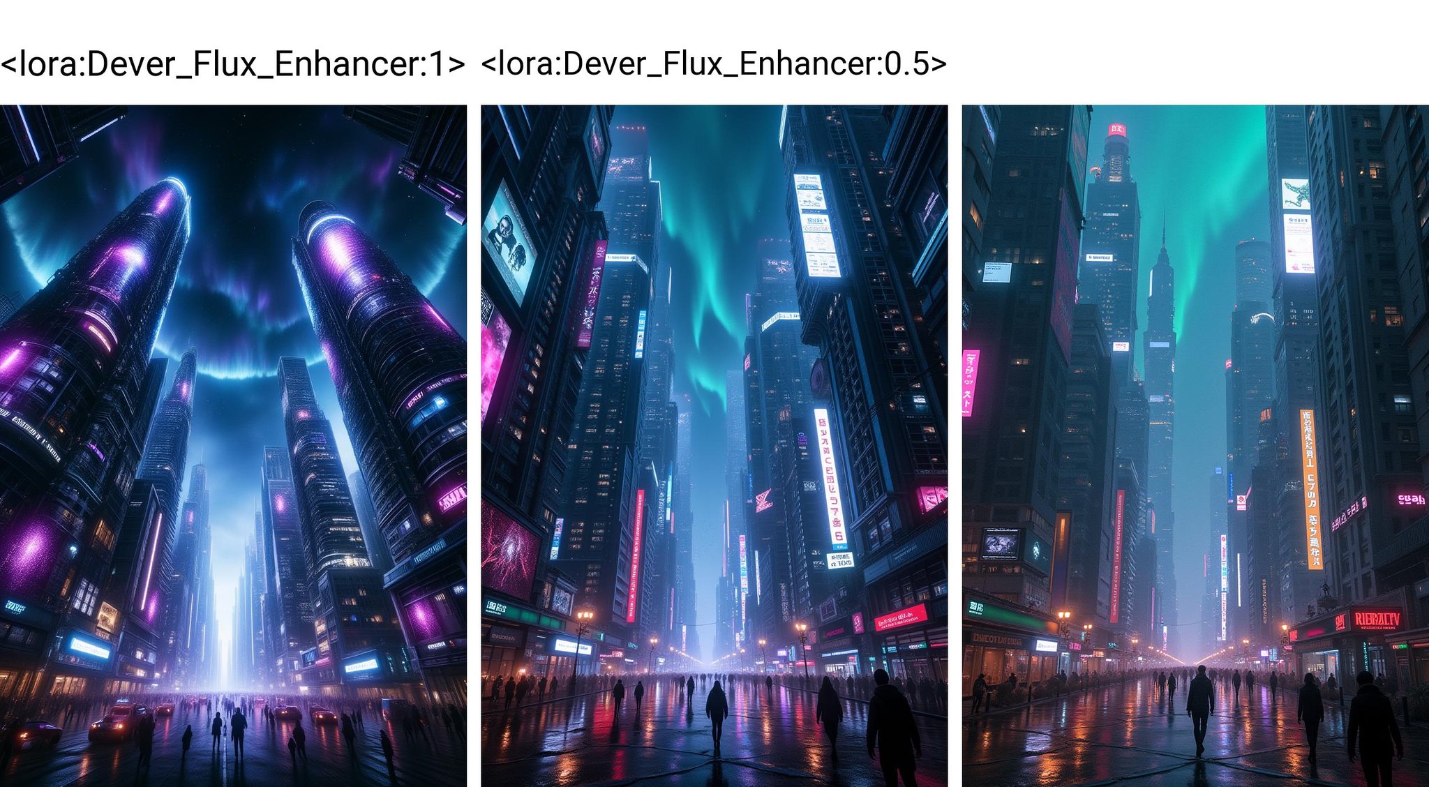 A sprawling cyber cityscape with towering skyscrapers adorned with holographic advertisements. Streets are filled with neon lights and cybernetic beings. The sky is dark with a digital aurora, and the atmosphere is a blend of advanced technology and urban grit<lora:Dever_Flux_Enhancer:1>