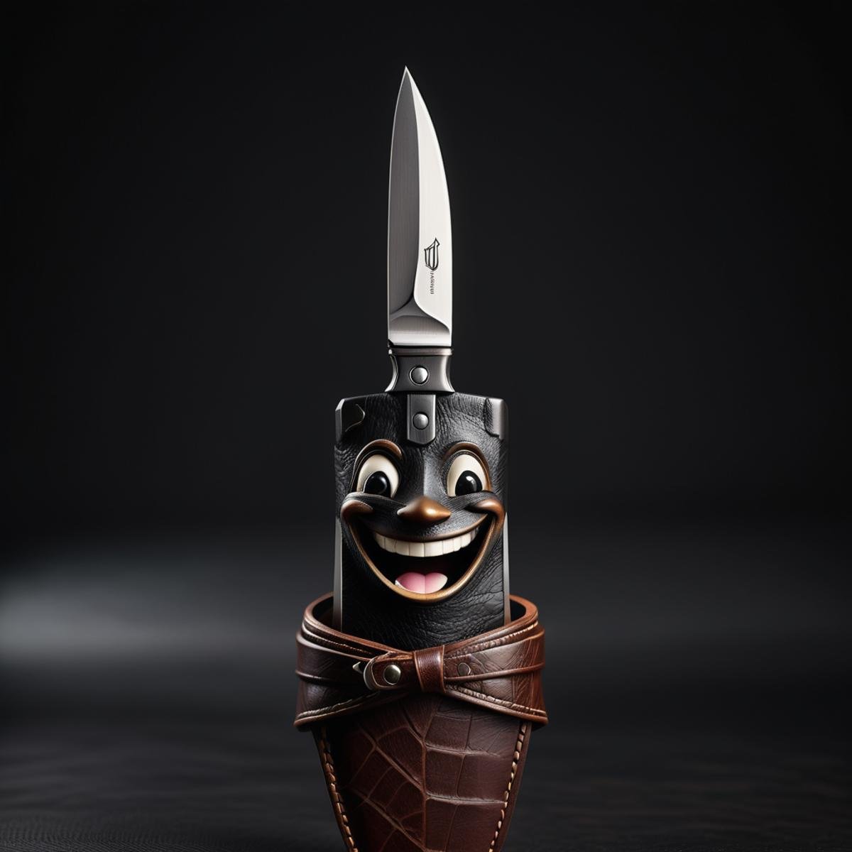 an upside down anthropomorphic knife smiling, accurate, unreal engine, 4k <lora:dvr-lthr:1> dvr-lthr