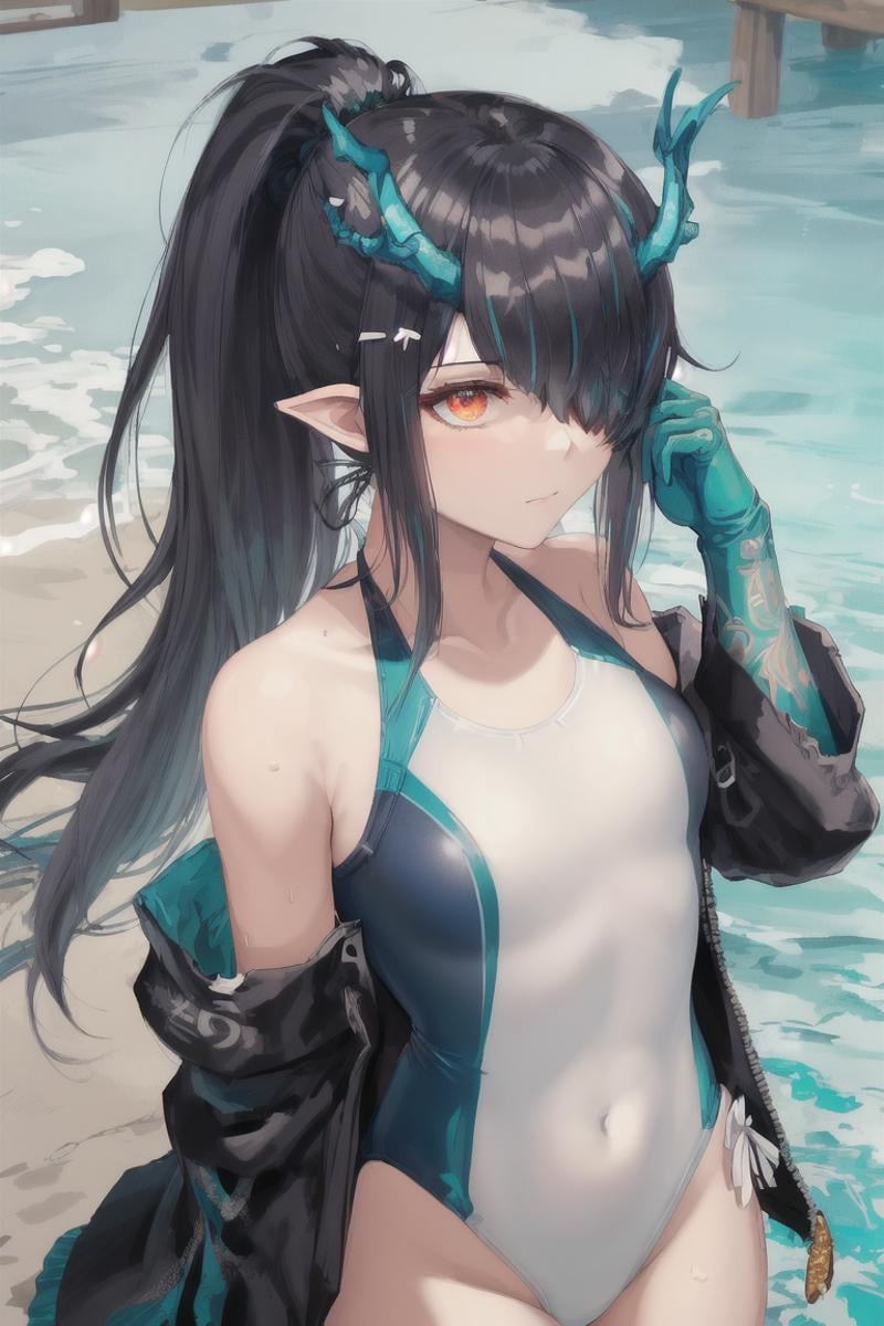 ((masterpiece)), (((best quality))), ((ultra-detailed)), ((illustration)), finely detail, Depth of field, dynamic angle, ((disheveled hair)), 1girl, solo, (dusk_\(arknights\)),  hair over one eye, ponytail, (small breasts), upper body, gloves, (swimsuit:1.4) <lora:ArkDusk_ver1:0.5>