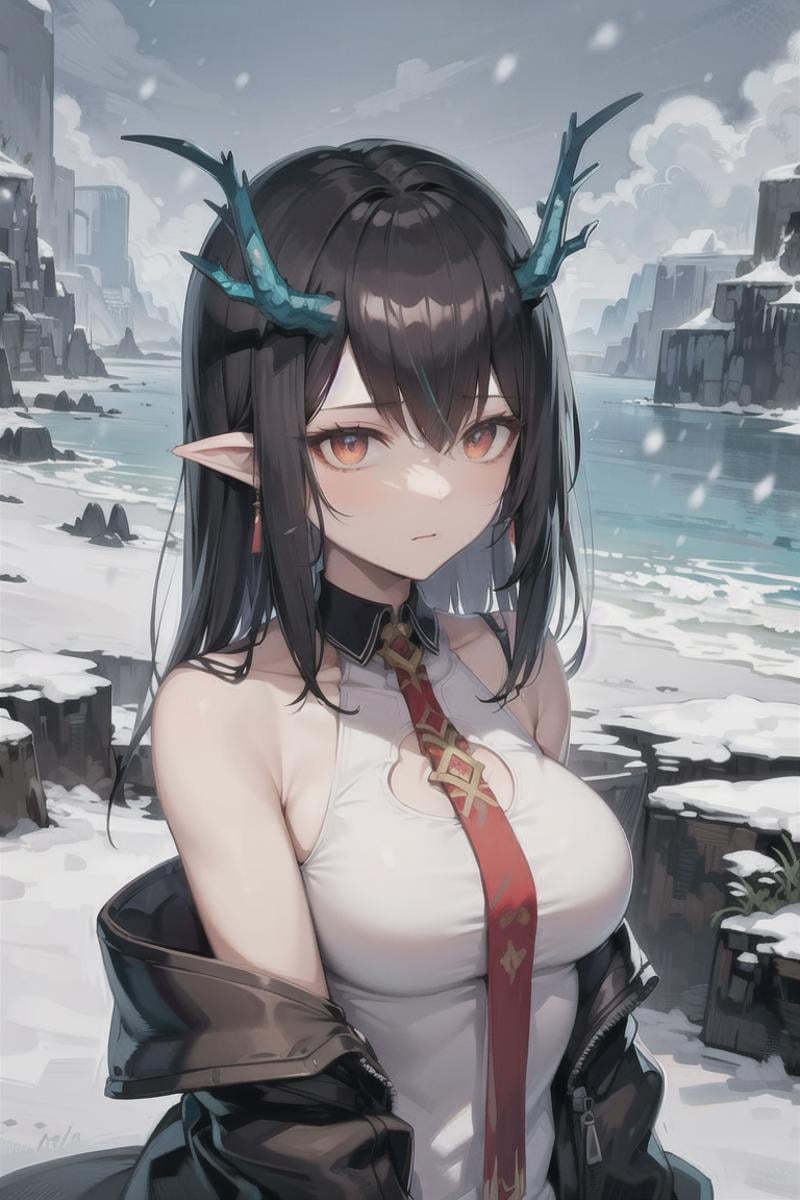 ((masterpiece)), (best quality), (ultra-detailed), finely detail, Depth of field, dynamic angle, ((disheveled hair)), 1girl, solo, dusk_\(arknights\), upper body, gloves, (looking down:1.2), floating hair, beach,  street, (snowing:1.2), floating cloud, (mountainous horizon), <lora:ArkDusk_ver1:0.5>