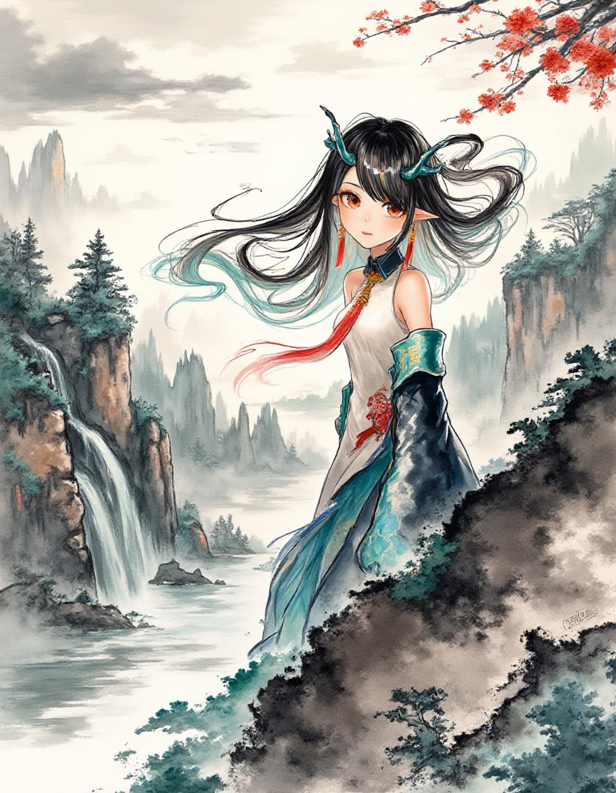 masterpiece,best quality,ink wash painting,ink splashing,chinese painting,scroll,scroll painting,1girl,solo,dusk \(arknights\),long hair,bare shoulders,smile,looking at viewer,full body,standing,mountain,mountainous horizon,tree,fall,river,cloud,<lora:dusk_flux_adam_v1:1>,