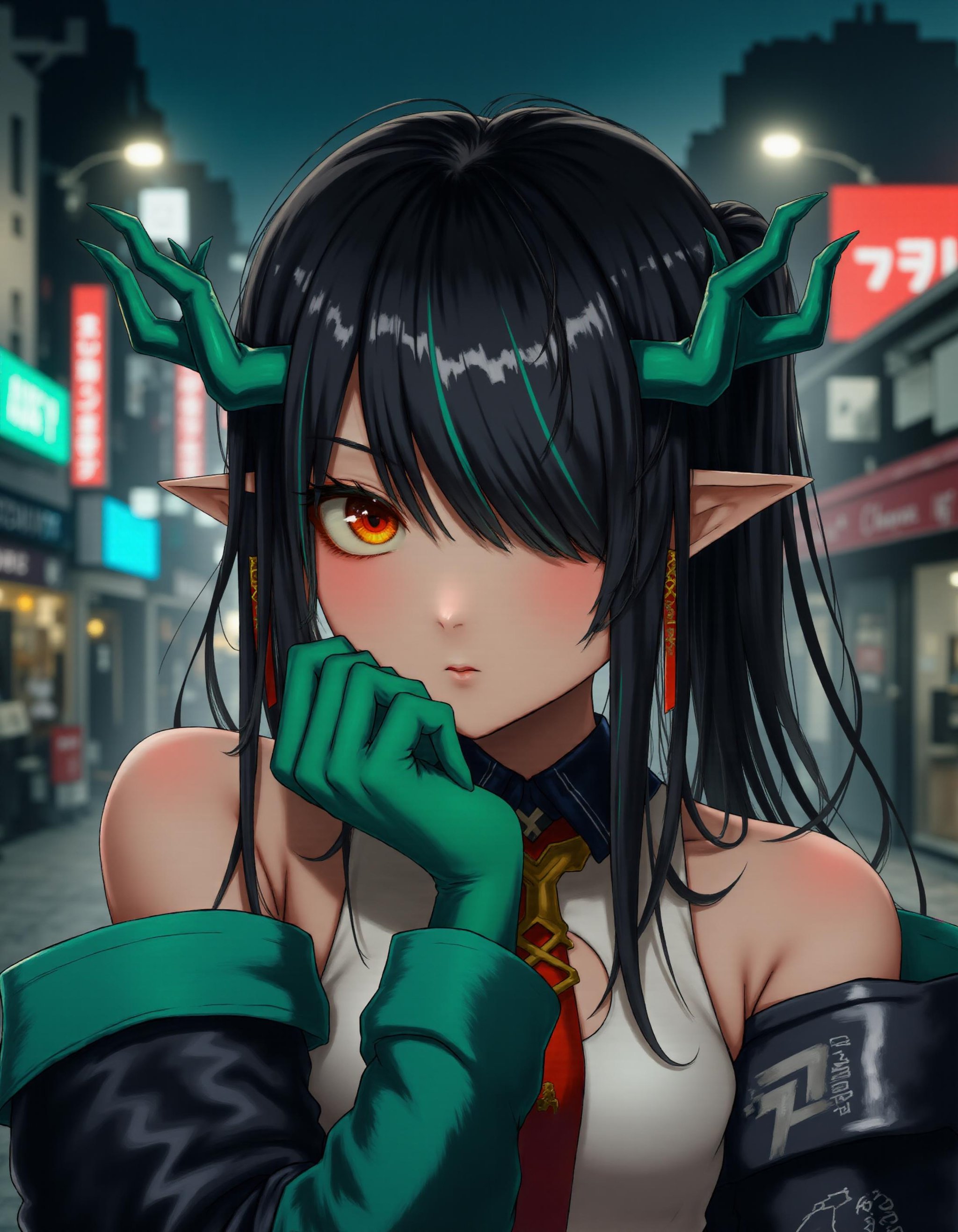 masterpiece,best quality,portrait,8K,highres,extremely detailed eyes,1girl,solo,dusk \(arknights\),ponytail,bare shoulders,green gloves,expressionless,open mouth,hand on own face,looking at viewer,outdoors,street,night,neon lights,<lora:dusk_flux_adam_v1:1>,