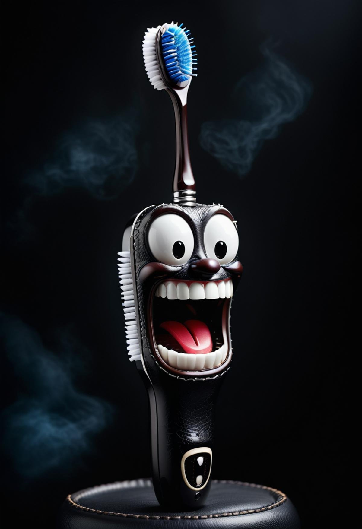 hyper realistic, dark atmosphere, surreal mood, anthropomorphic toothbrush made of dvr-lthr fusion of barometz,ceffyl dŵr, evil smile <lora:dvr-lthr:0.8>