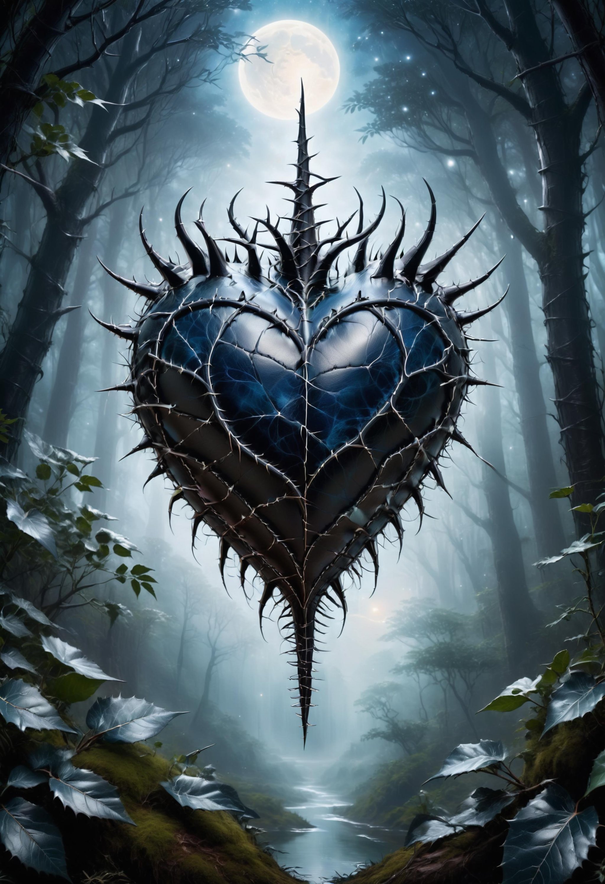 heart made of dvr-lthr with veins and thorns . magnificent, celestial, ethereal, painterly, epic, majestic, magical, fantasy art, cover art, dreamy  <lora:dvr-lthr:1> 