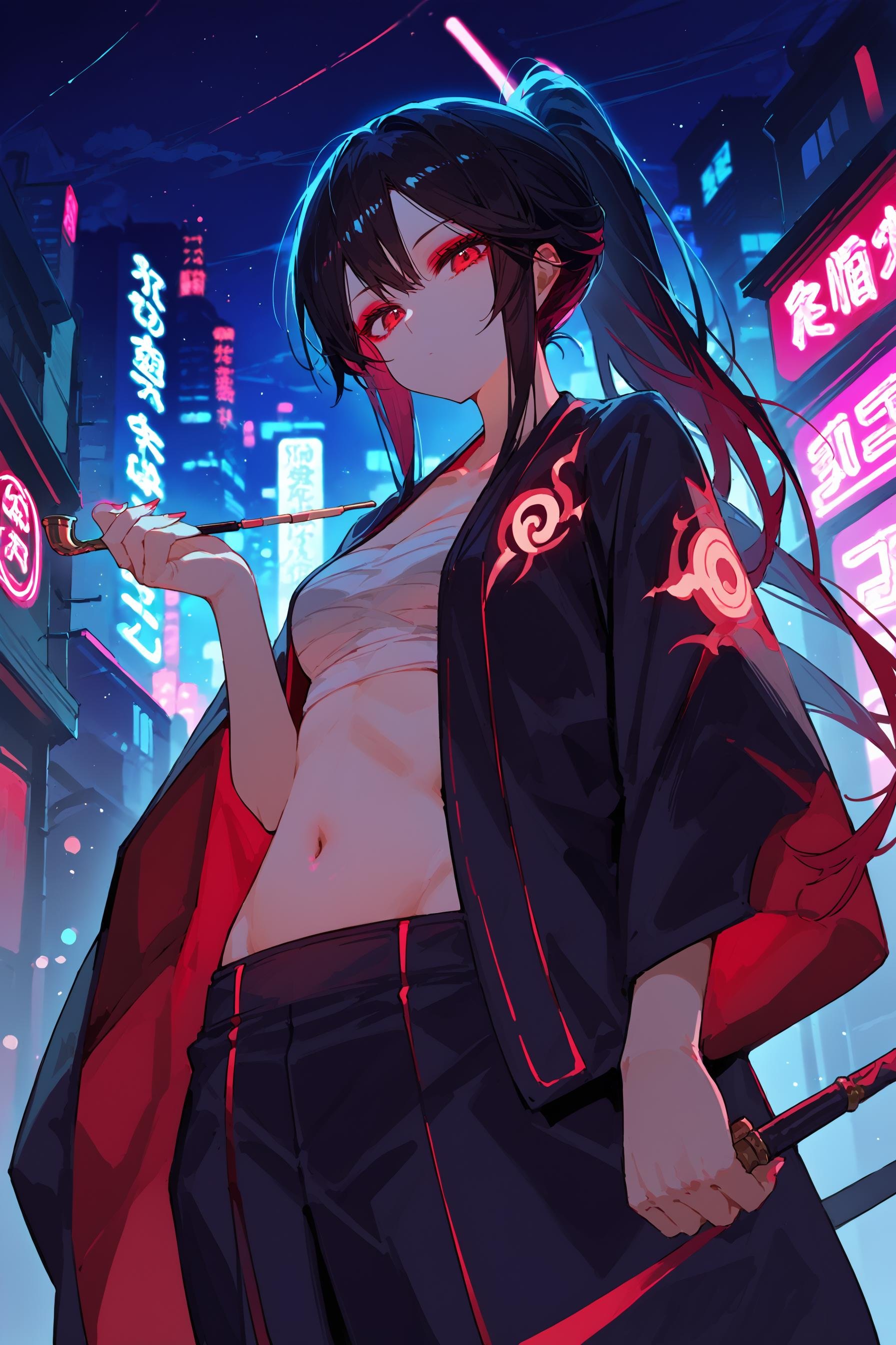 (score_9, score_8_up, score_7_up) BREAK source_anime,1girl,solo,red eyes,red eyeshadow,black hair,long hair,ponytail,japanese clothes,arm inside kimono,holding,holding smoking pipe,medium breasts,chest sarashi,navel,black kimono,expressionless,from below,looking at viewer,cowboy shot,city,street,night,neon,neon lights,neon trim,building,<lora:casual_kimono_v1:1>,<lora:neon_v1:1>,