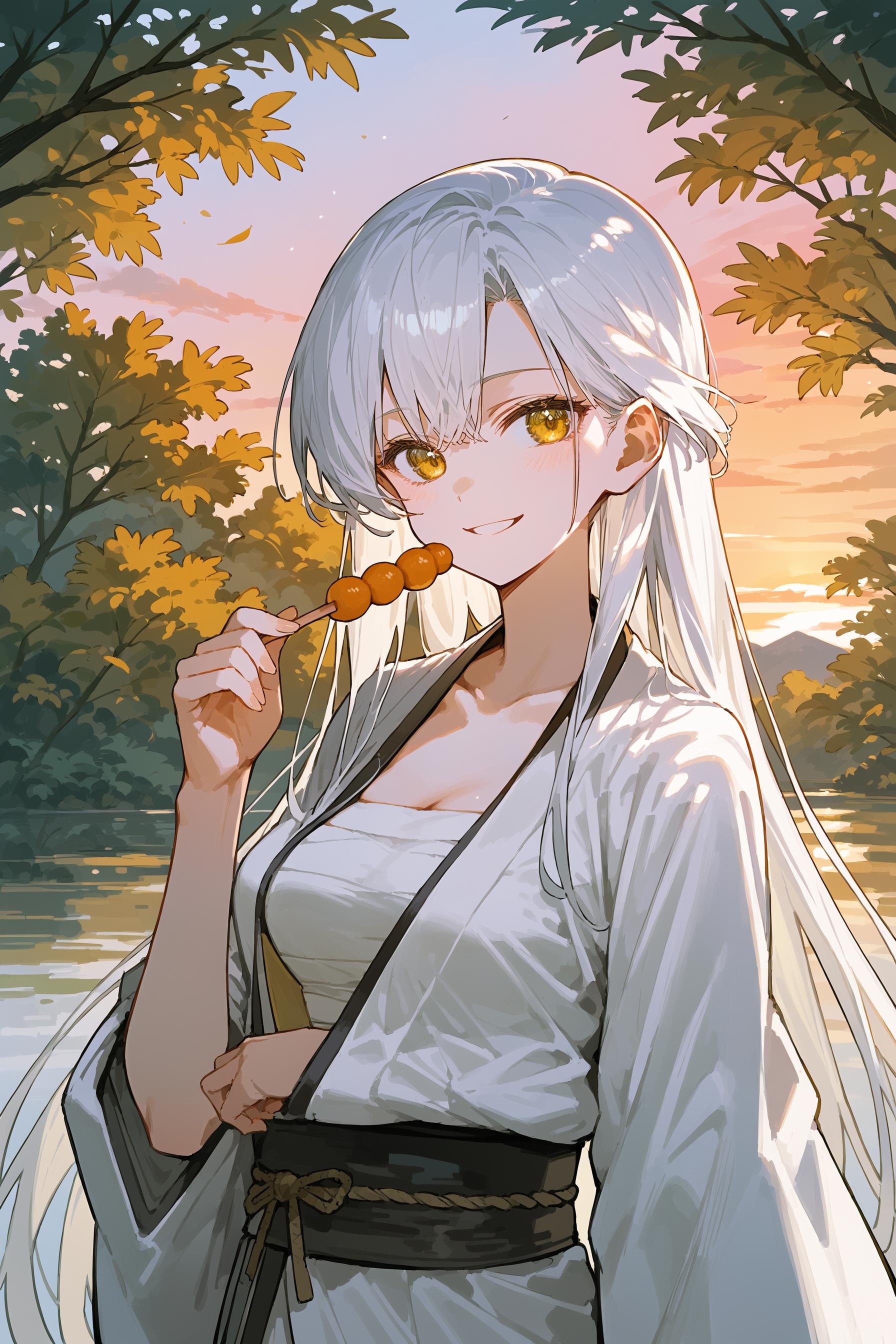 (score_9, score_8_up, score_7_up) BREAK source_anime,1girl,solo,yellow eyes,white hair,very long hair,japanese clothes,arm inside kimono,medium breasts,chest sarashi,white kimono,smile,looking at viewer,upper body,holding,food,holding food,dango,holding dango,outdoors,nature,sunset,tree,river,maple leaf,<lora:casual_kimono_v1:1>,