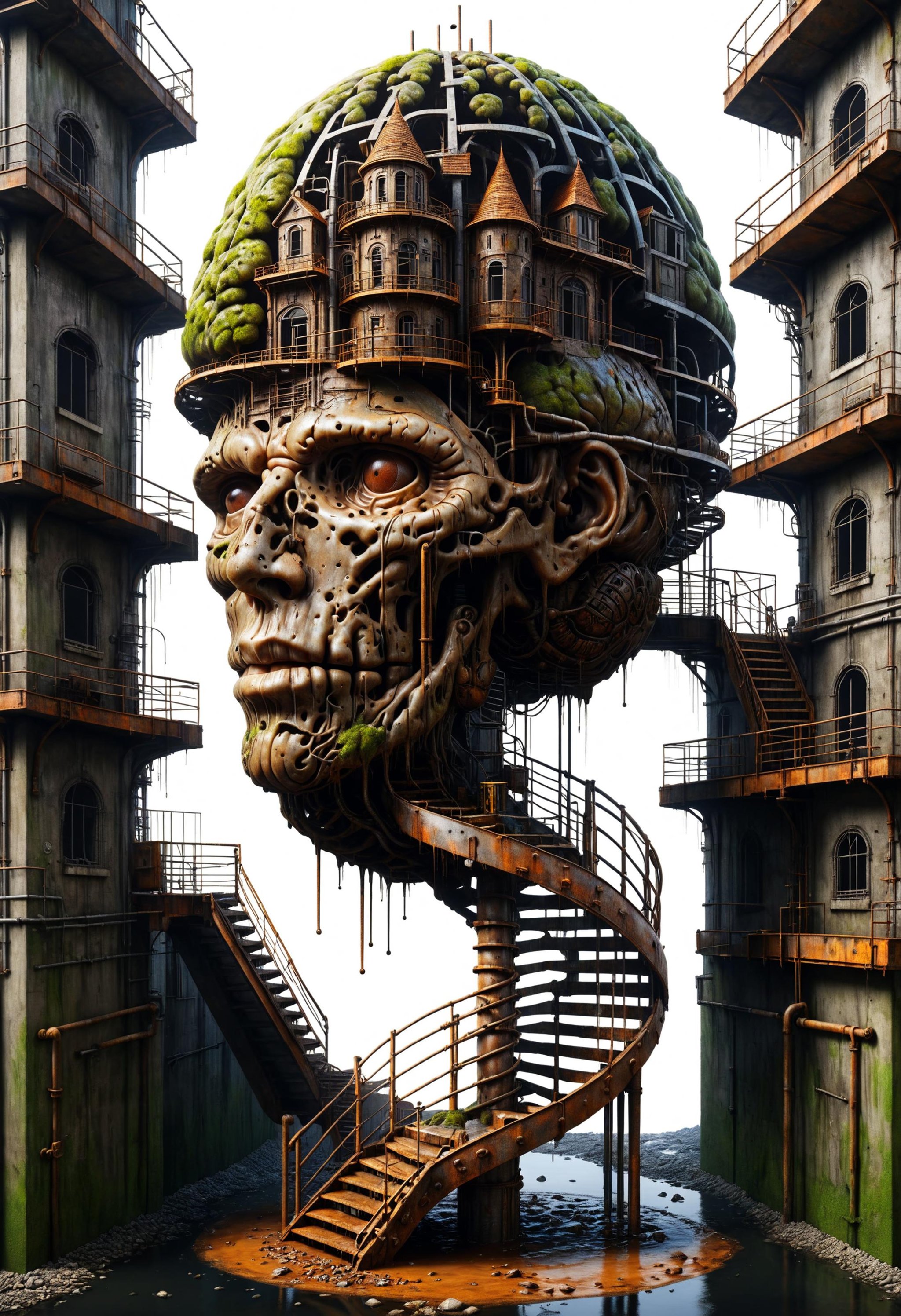 surreal art of an dark underground sculpture of a rusty man brain shaped like a building under construction, metallic scaffolding, oozing creativity in the form of dark slime in the style of rafal olbinski, spiral stairs to the brain<lora:dvr-swr:0.8> dvr-swr