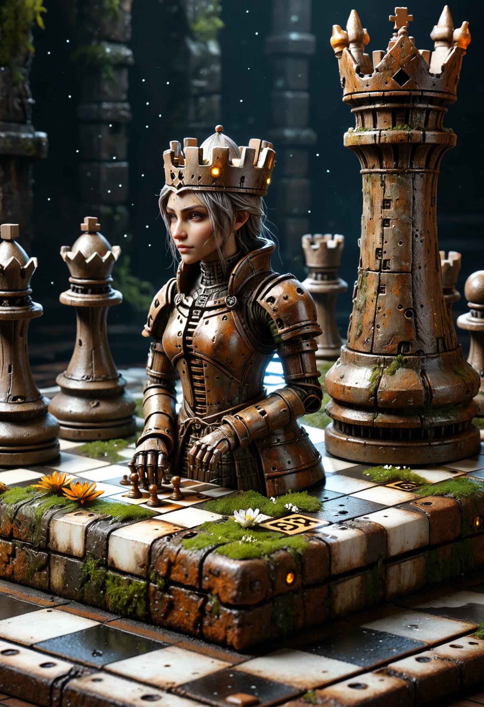 miniature rogue chess piece, half translucent rusty metal, cybernetic threads, blooming entropy, silver particles, fiber optics, chest, underground tavern weathered chess board environment, medieval fantasy art<lora:dvr-swr:0.8> dvr-swr