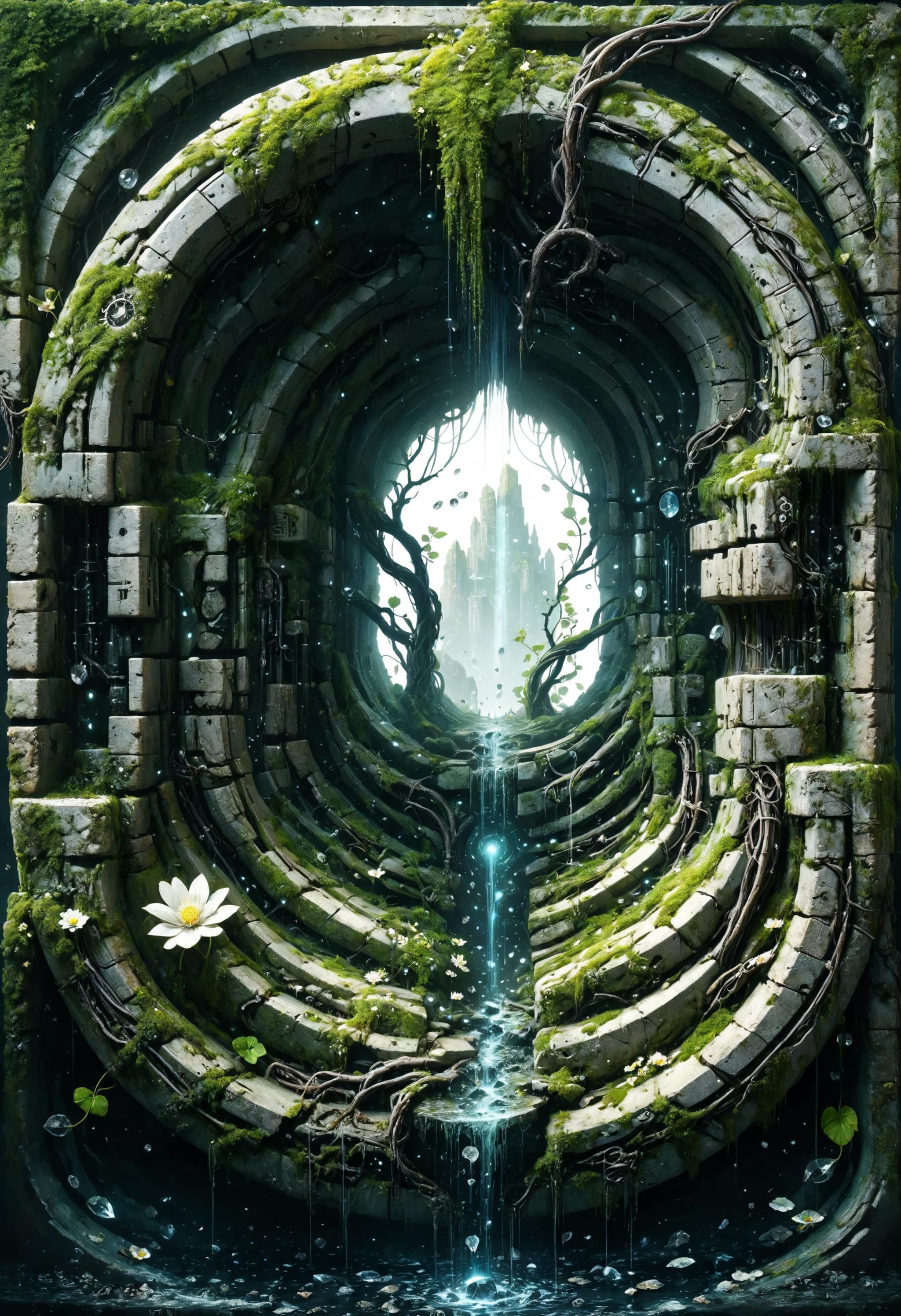 mind shattering concept art of  detailed circuitry, a lost portal to eternity , blooming dark vines , obsidian leaf particles , crystalline structure<lora:dvr-swr:1> dvr-swr