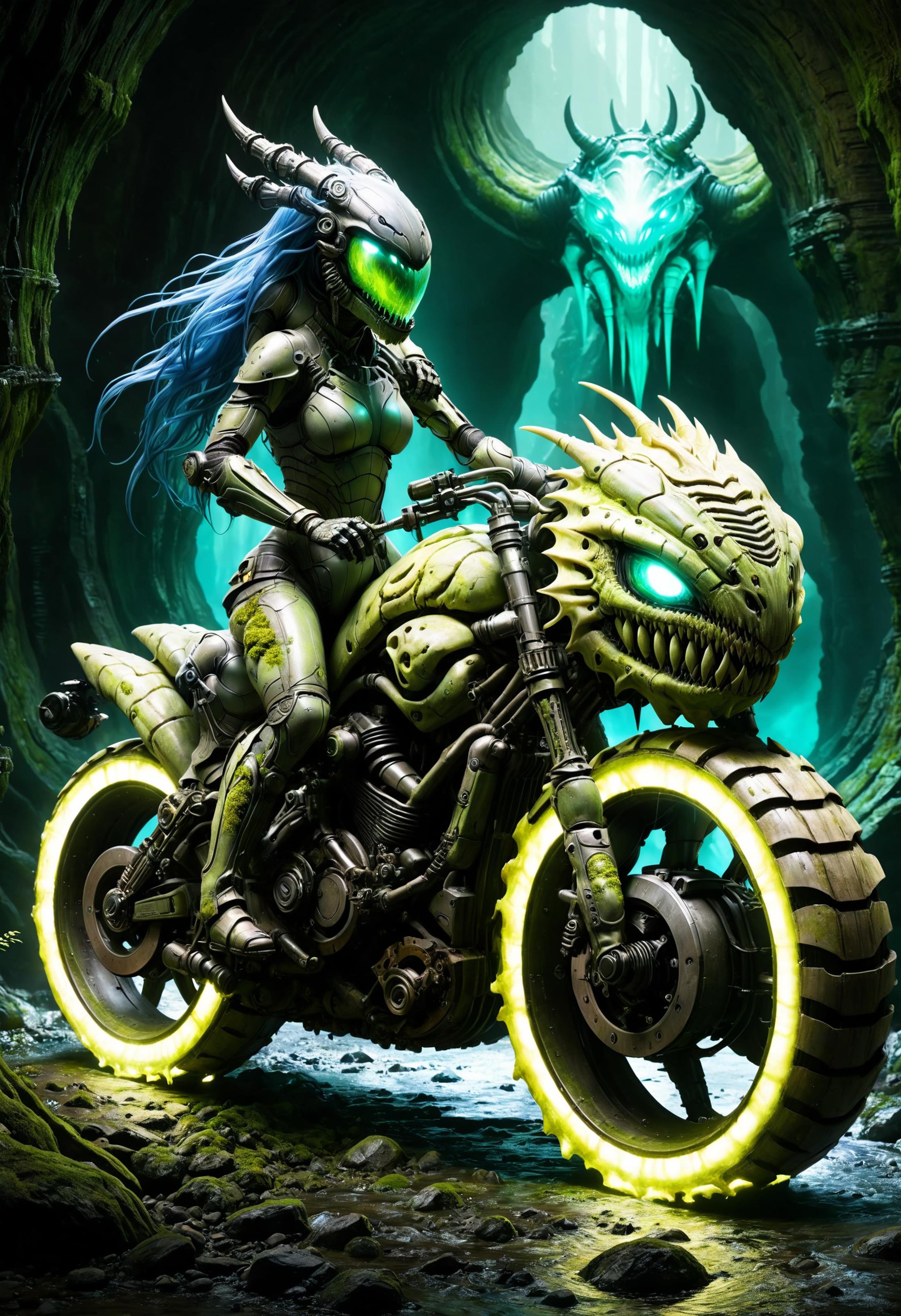 mind bending,  concept art of  translucent moss elemental inspired by chrysalis fiber optics, thorny glow-armor, queen of the underground riding menacingly on a mechanical xenomorph-motorcycle with large wheels in a dark cavern, inner glow,  one with the environment, extreme split rider, windy<lora:dvr-swr:0.8> dvr-swr