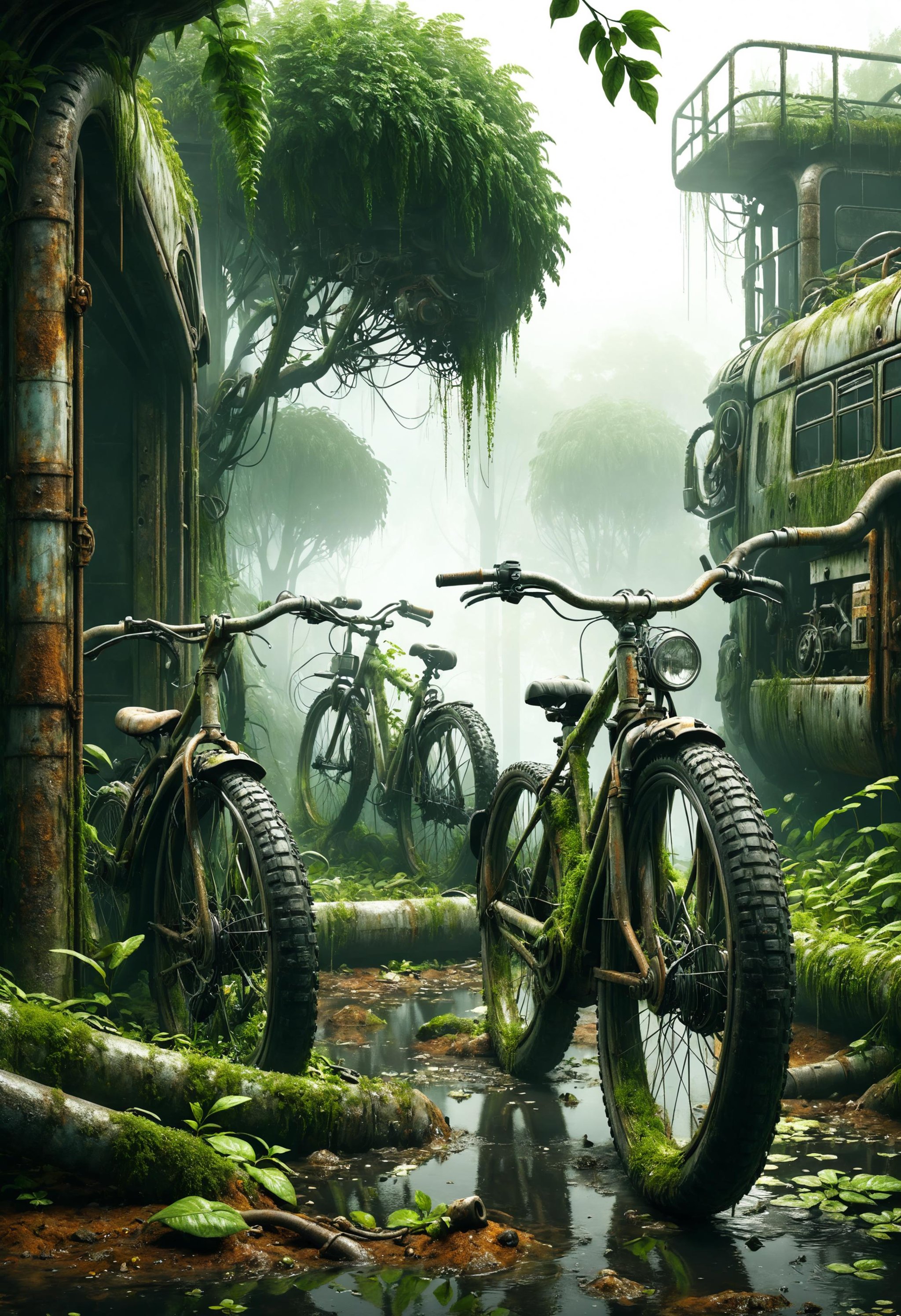 a park of abandoned bicycles, overgrown vegetation, rusty, dark, gritty, concept art, volumetric lighting, foggy atmosphere<lora:dvr-swr:0.8> dvr-swr