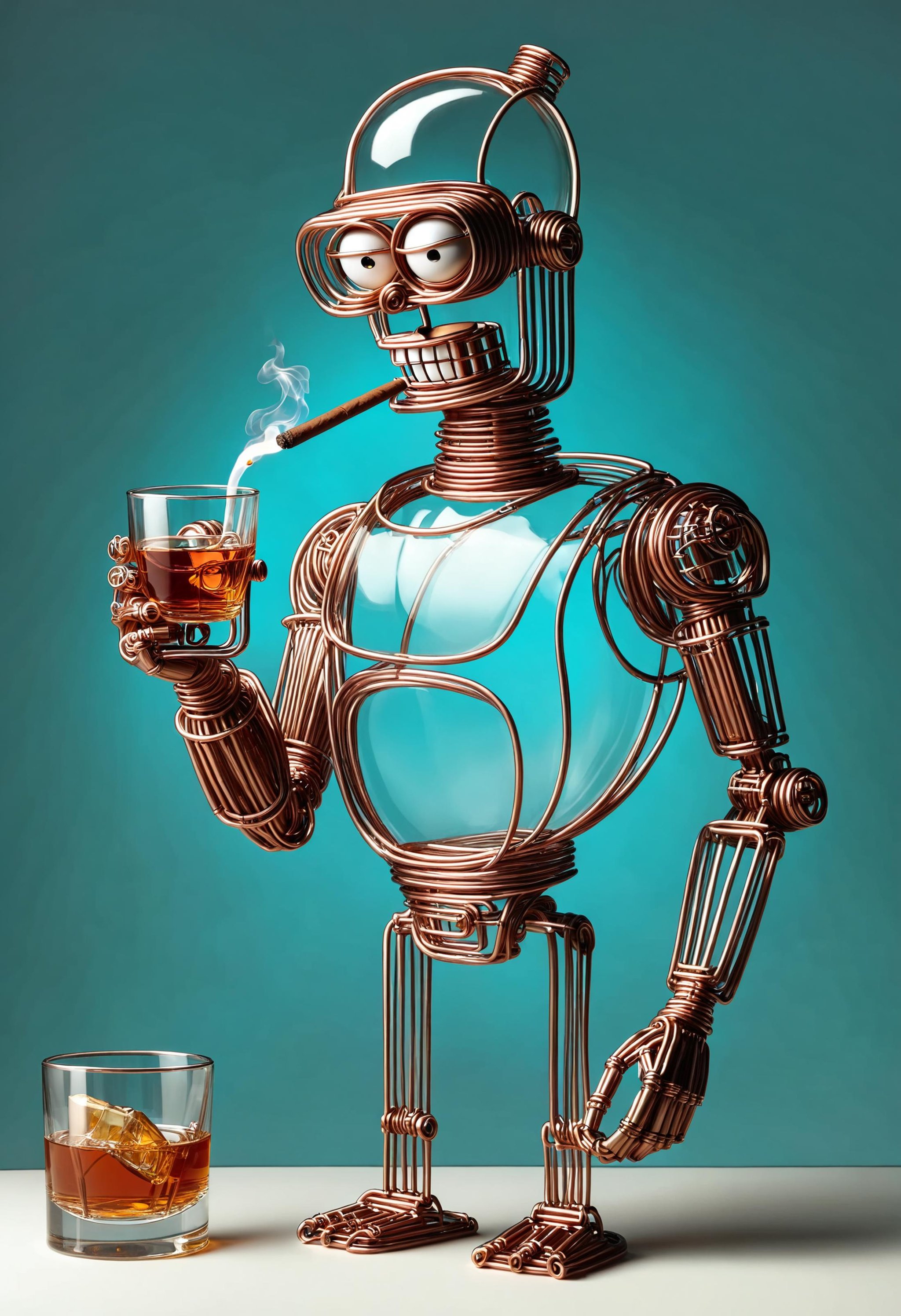 Futurama Bender holding a cigar and a glass of whiskey  <lora:dvr-cpwr:1> dvr-cpwr