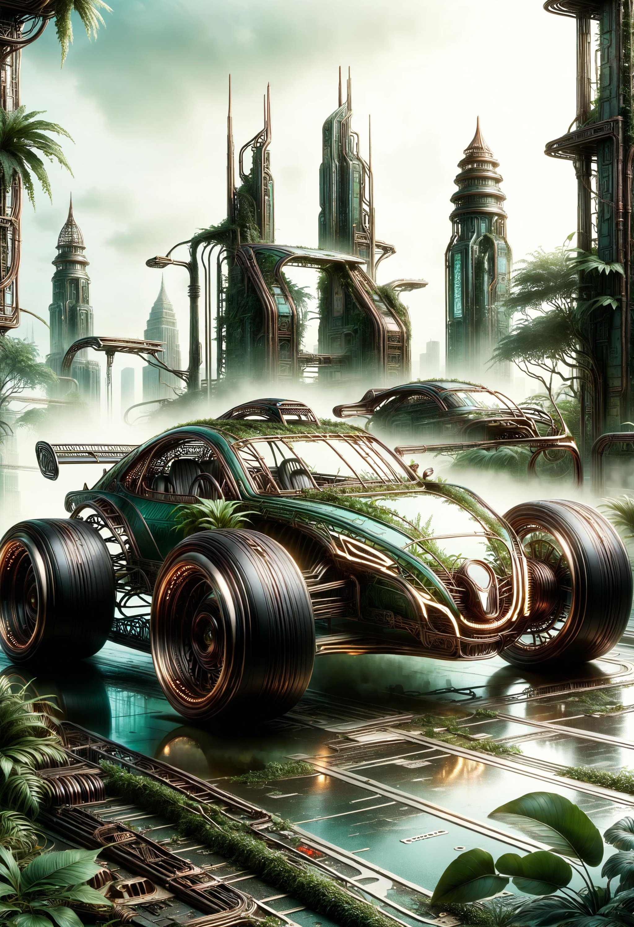 translucent f1 car racing on a circuit, in a post-apocalyptic city overgrown with lush vegetation, by Luis Royo, by Greg Rutkowski, dark, gritty, intricate, backlit, strong rimlight, cover illustration, concept art, volumetric lighting, volumetric atmosphere, sharp focus<lora:dvr-frft:0.8> dvr-frft <lora:dvr-cpwr:1> dvr-cpwr