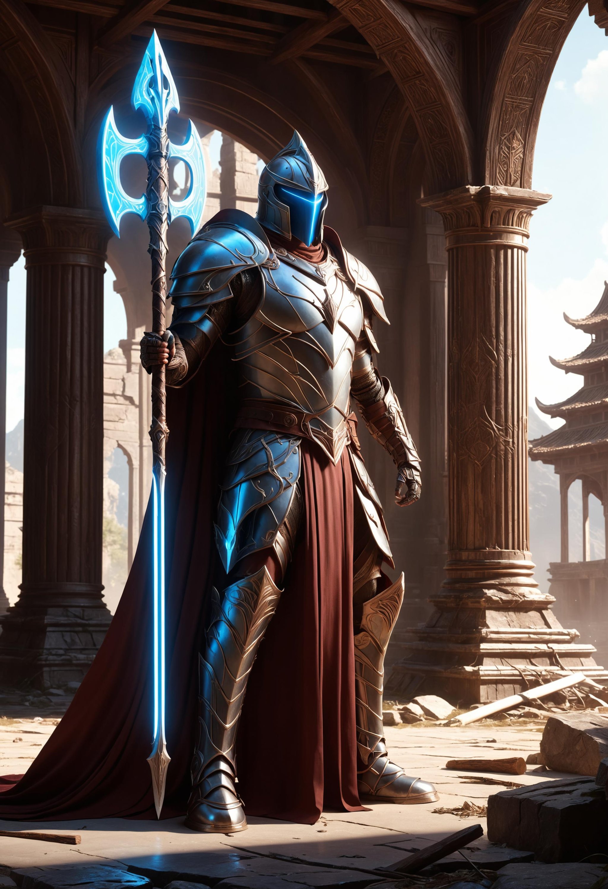 made of dvr-cpwr, minimalistic style poster art, a hero wearing armor and a long flowing cape posing in front of an abandoned temple, giant axe, fearsome and visually striking character with shifting tendrils, holographic glow, fantasy art, attention to details, octane render, volumetrics, by greg rutkowski <lora:dvr-cpwr:0.8>