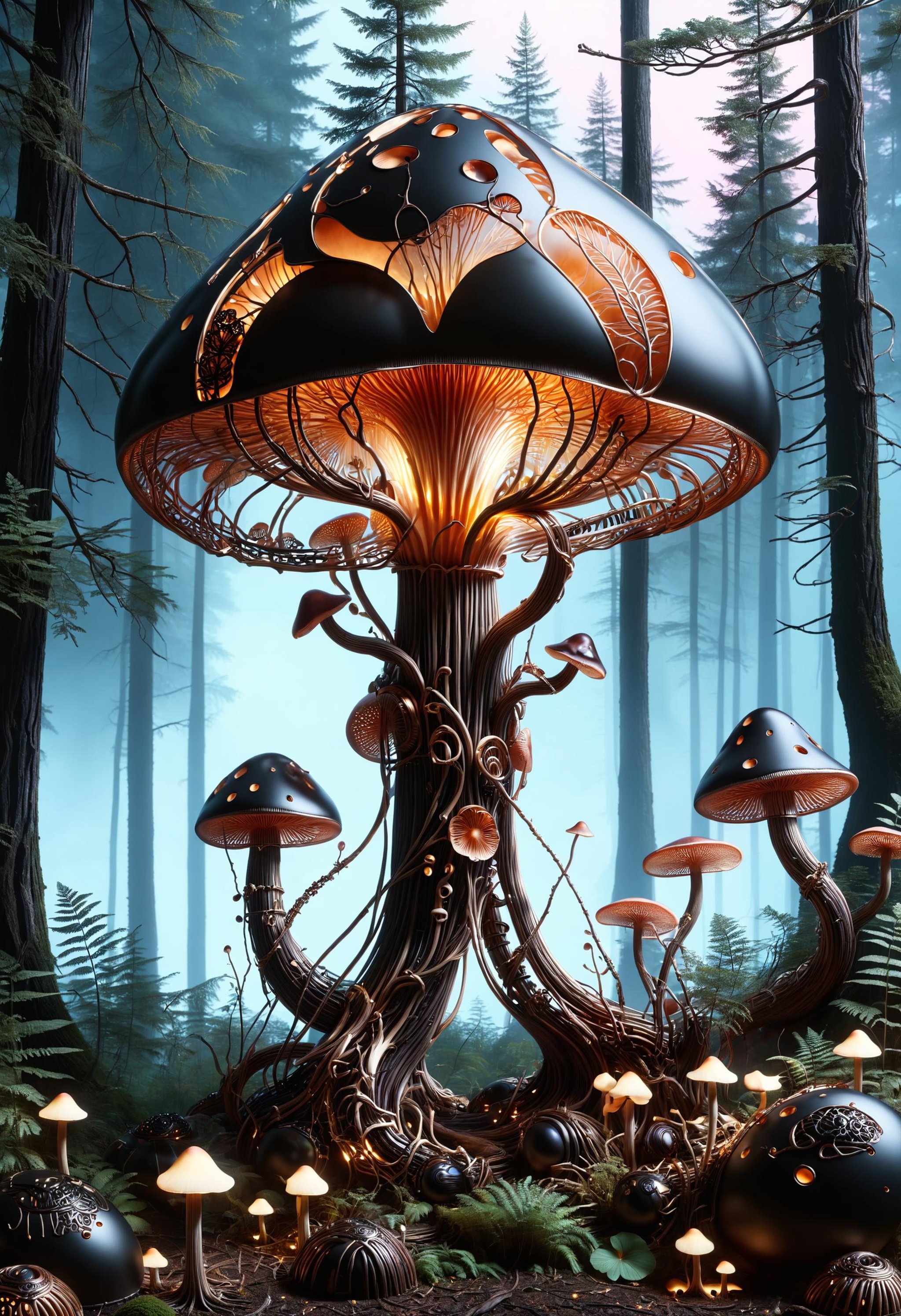 dark and dramatic molecular gastronomy, vibrant baroque neoncore magical tevphaestus francid mushroom with pitch black exoskeleton mycelium armor, acidwave, aesthetic epic, trending on artstation, intricate artwork by Tooth Wu and Greg Rutkowski, octane render, cinematic, hyperrealism, magical forest at night<lora:dvr-frft:0.8> dvr-frft <lora:dvr-cpwr:1> dvr-cpwr