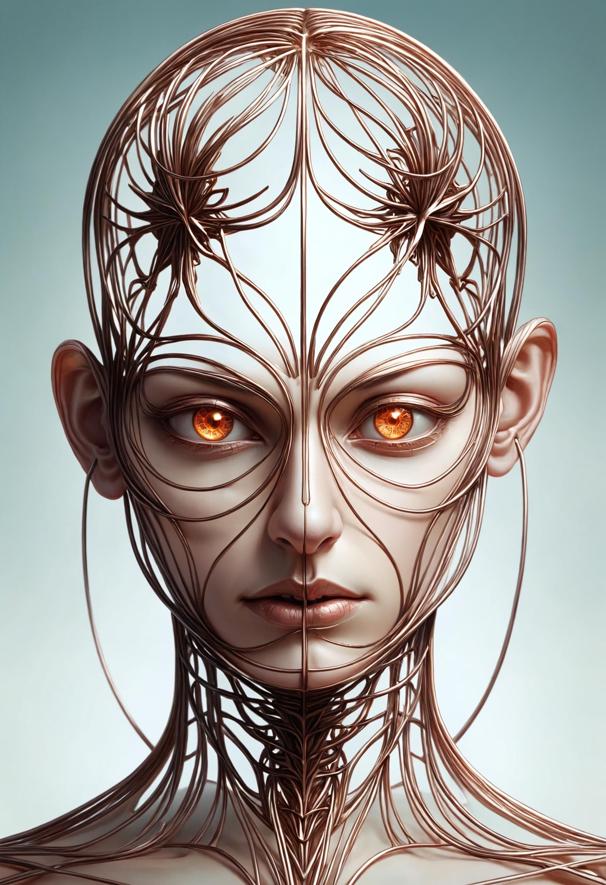 seeds of insanity, looking at viewer (encephalogram:1.2), head down, intricate, sharp focus, illustration, highly detailed, luminism, symmetrical, digital painting, concept art, matte, art by WLOP and Artgerm and Greg Rutkowski<lora:dvr-cpwr> dvr-cpwr