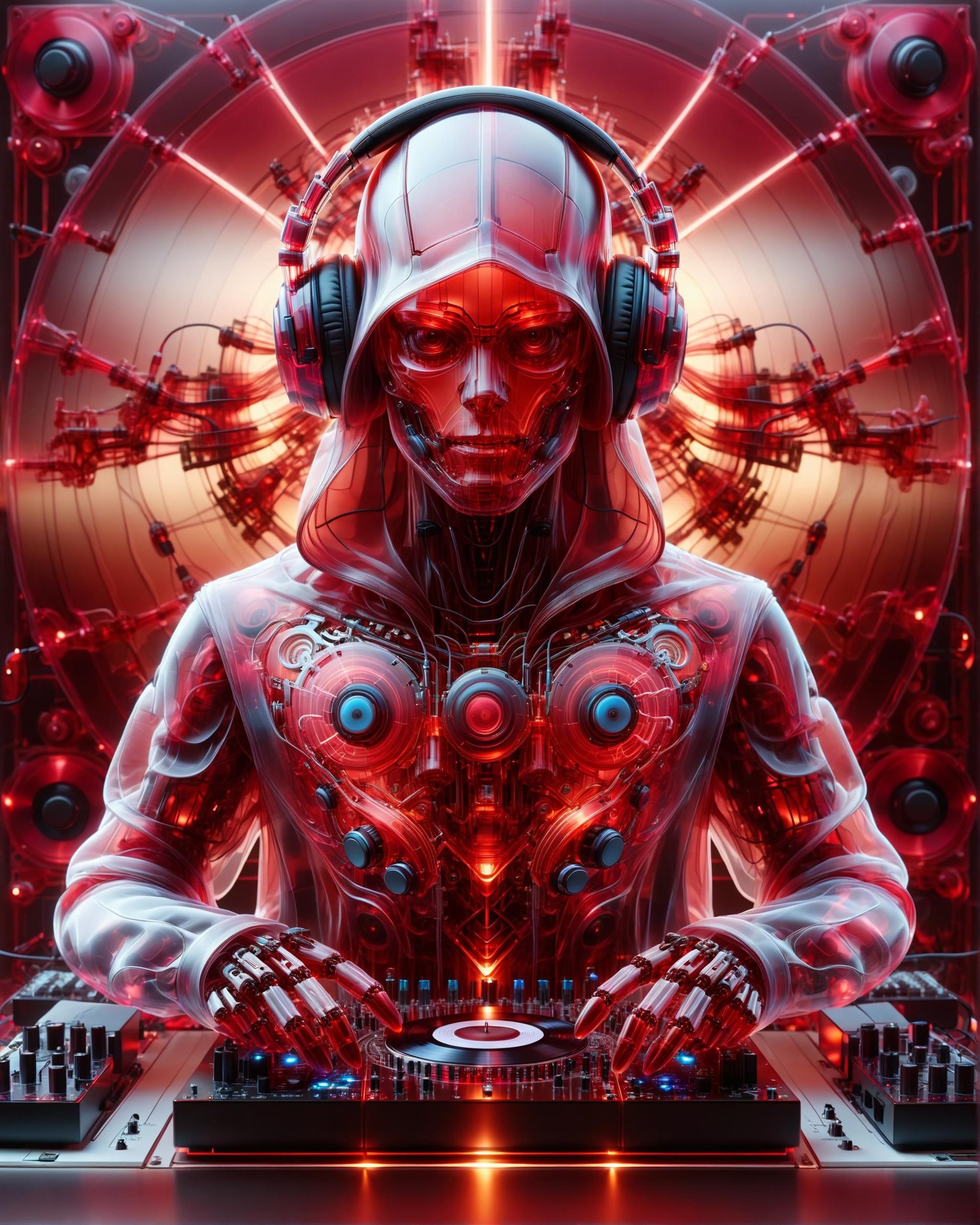 self transforming robot hacker, cloak and hood, headphones, intricate molecular abstraction wiring, rising energy, lumen reflections, symmetrical artwork with sharp focus, the musician plays multiple vinyl records on a massive fret board at a psychedelic party with cinematic lighting<lora:dvr-trd:1> dvr-trd