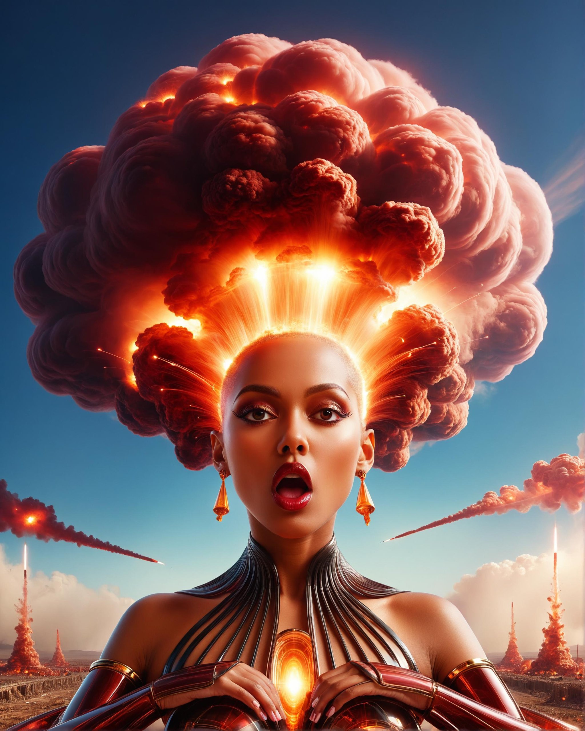 close up of  [a giant nuclear explosion with mushroom cloud : a royal goddess with hair stylized as a nuclear explosion, bald, mindblown, shocked expression, (mouth open wide:1.1), big eyes, plasmonic interference, dark vibes, off-center, afrofuturism, vibrant details : 7]<lora:dvr-trd:0.8> dvr-trd