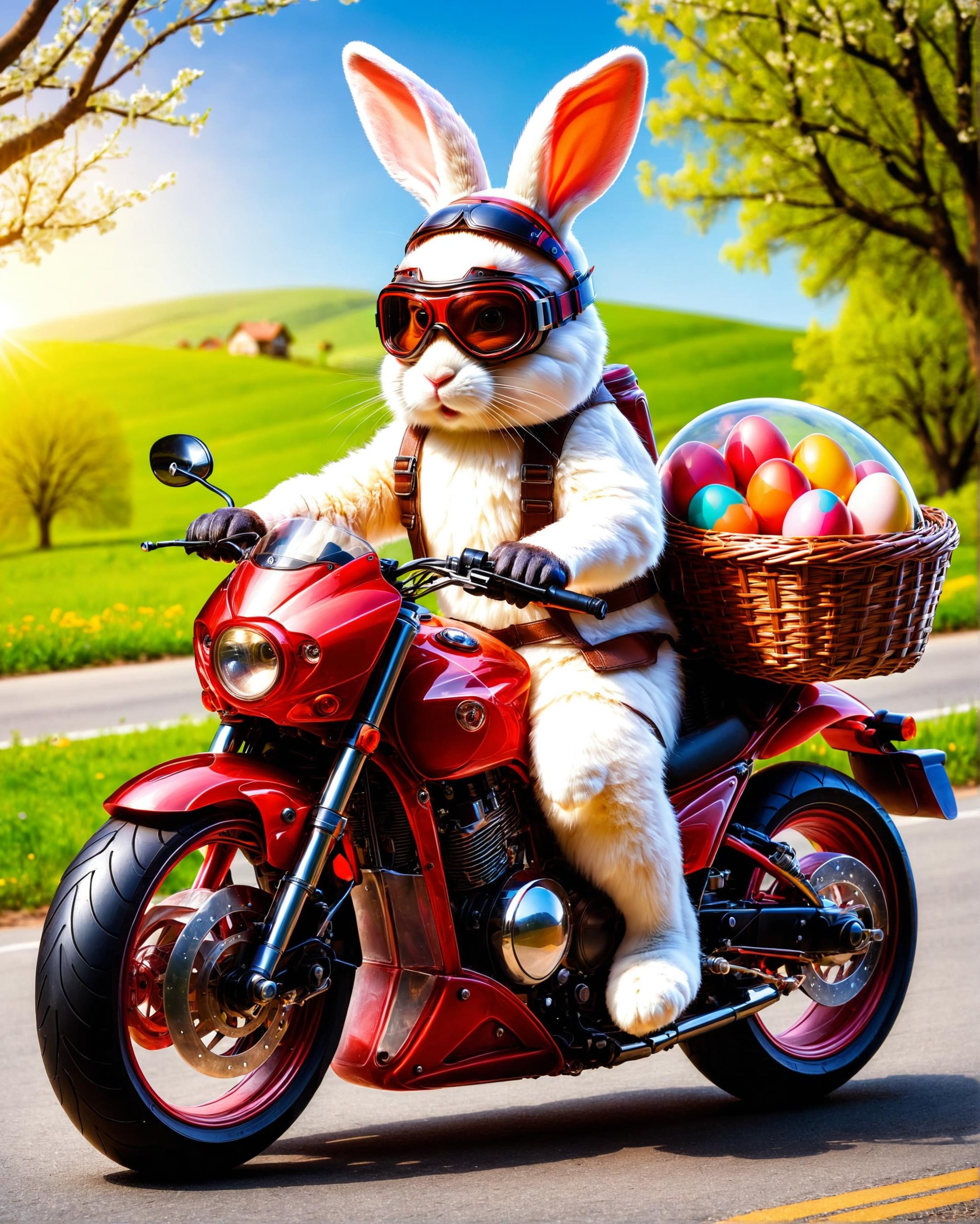 easter bunny wearing helmet and goggles on a motorcycle delivering a basket of eggs<lora:dvr-trd:0.8> dvr-trd