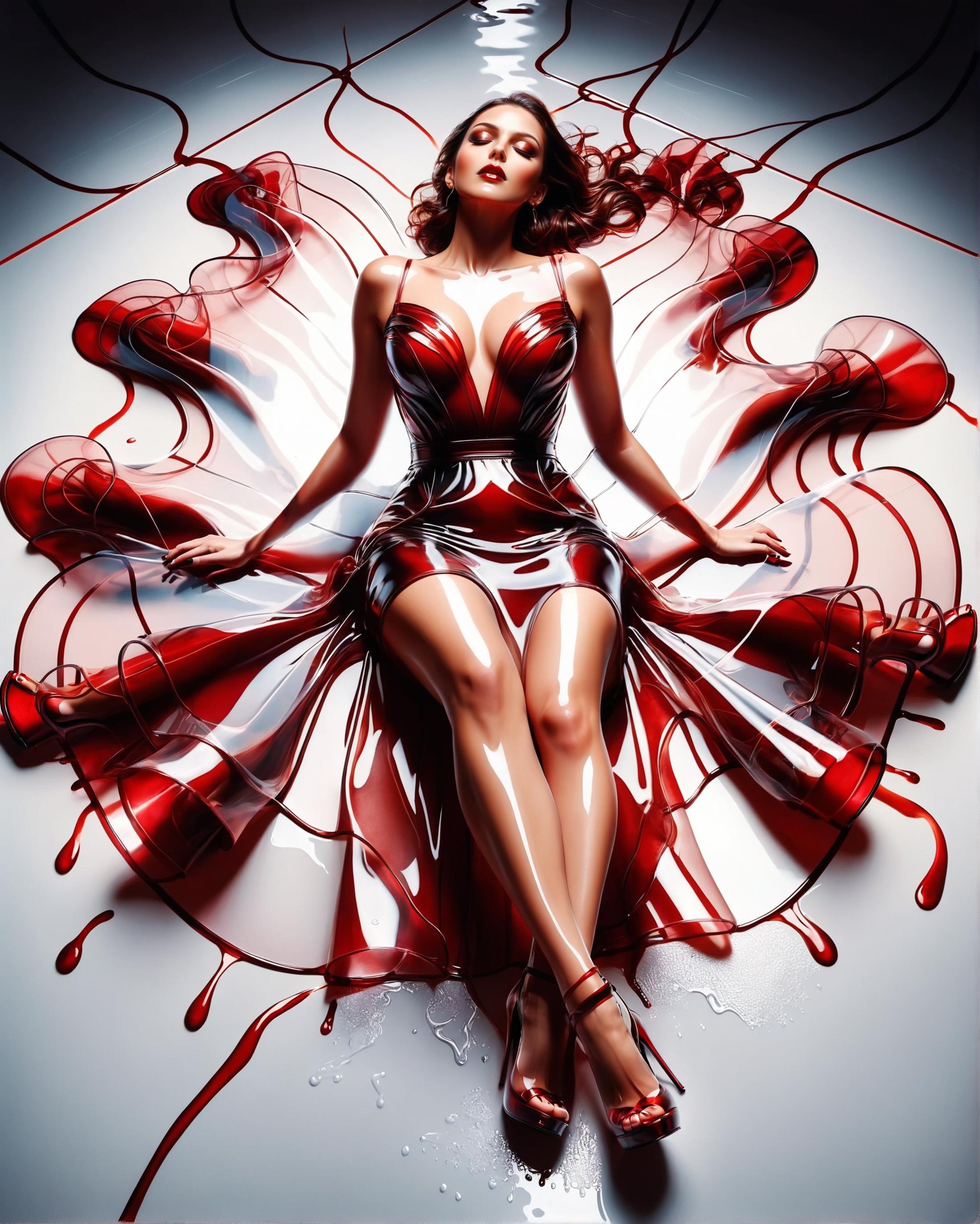 photo from above, a woman wrapped by an (elegant glossy liquid:1.2) dress, straps, blowout, provocatively laying back with her feet crossed, high heels, police victim outlined, industrial background, motion lines, waves, (emerging from a puddle of paint:1.2), (high contrast:1.2), slow shutter speed, global lighting, F4, 35mm photograph, film, soft focus, professional, HDR 4k, highly detailed<lora:dvr-trd:1> dvr-trd